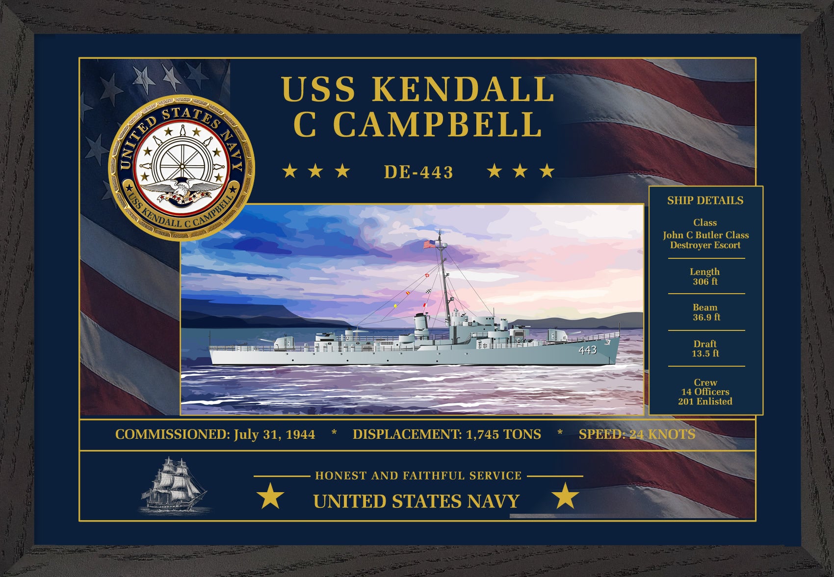 USS Kendall C Campbell DE-443 Framed Patriotic Art
