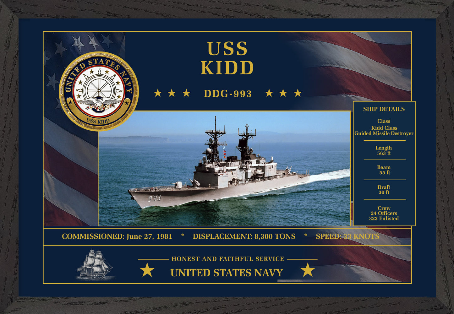 USS Kidd DDG-993 Framed Patriotic Art