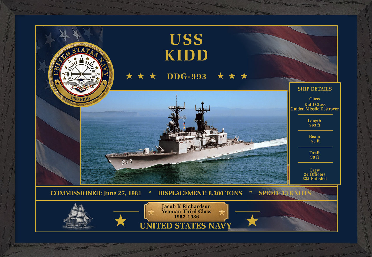 USS Kidd DDG-993 Framed Patriotic Art