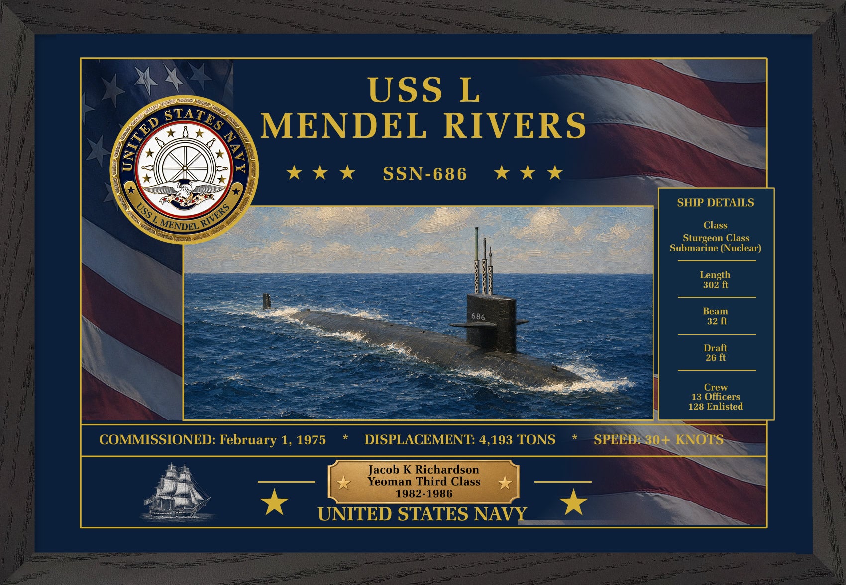 USS L Mendel Rivers SSN-686 Framed Patriotic Art