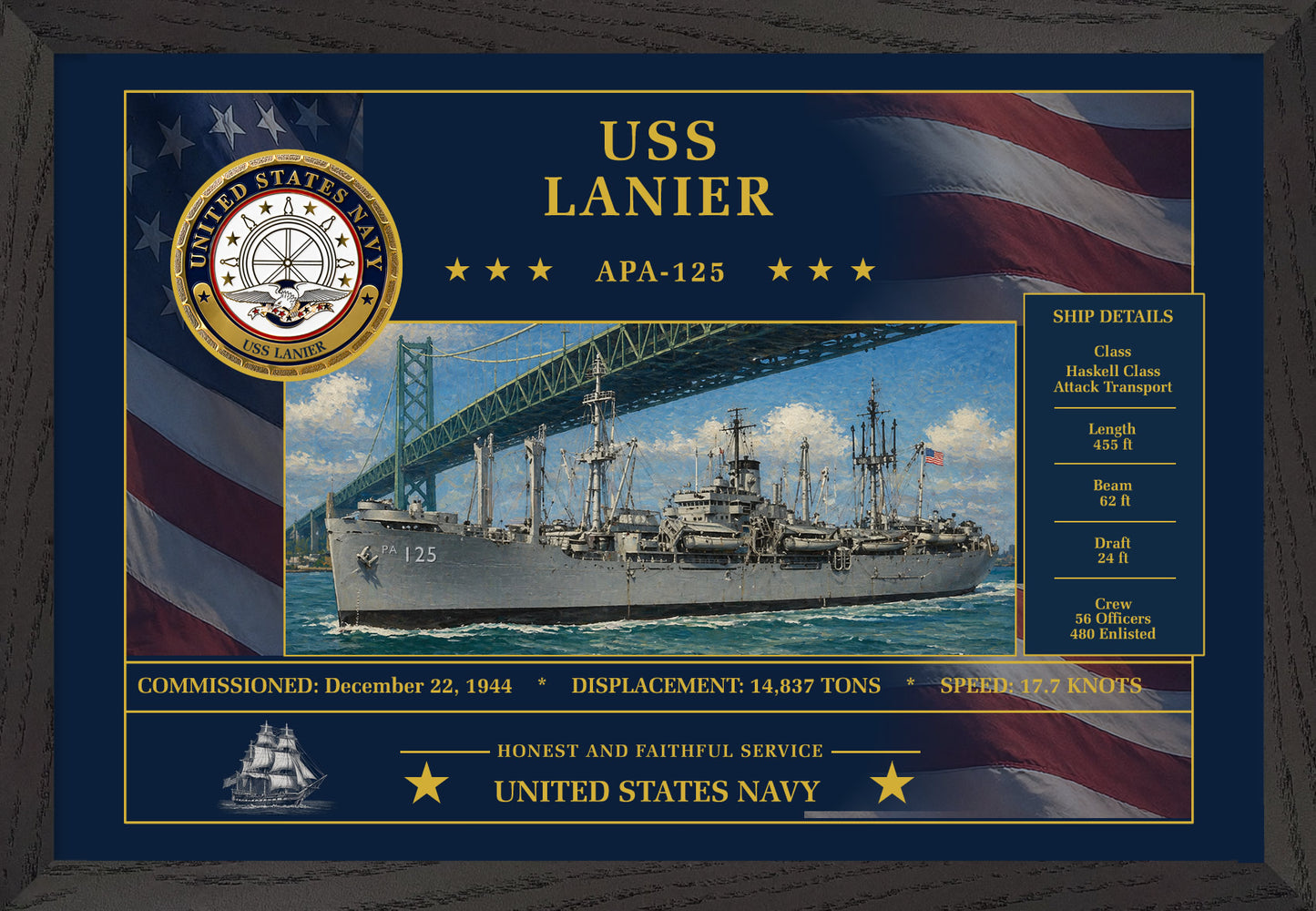USS Lanier APA-125 Framed Patriotic Art