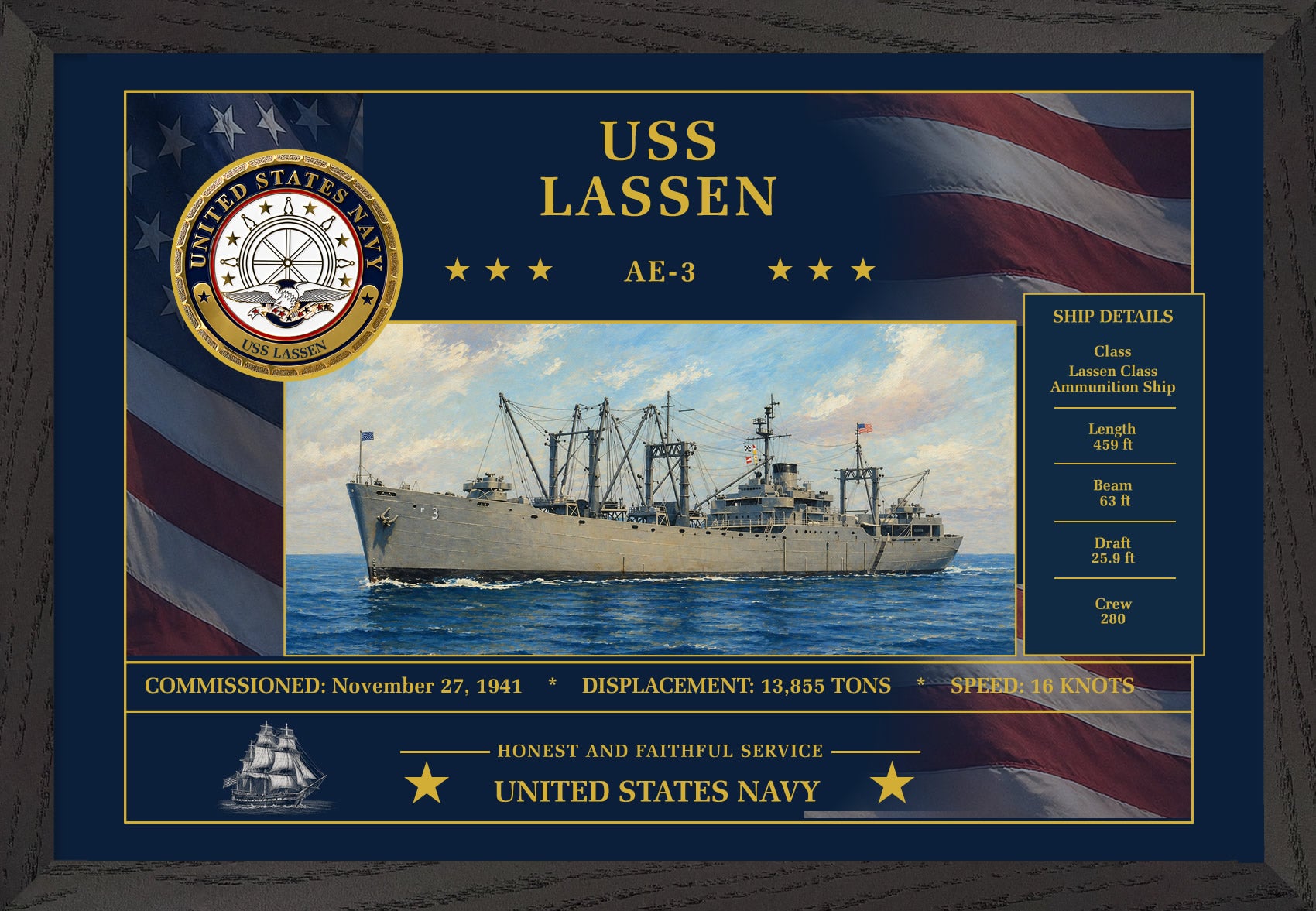 USS Lassen AE-3 Framed Patriotic Art