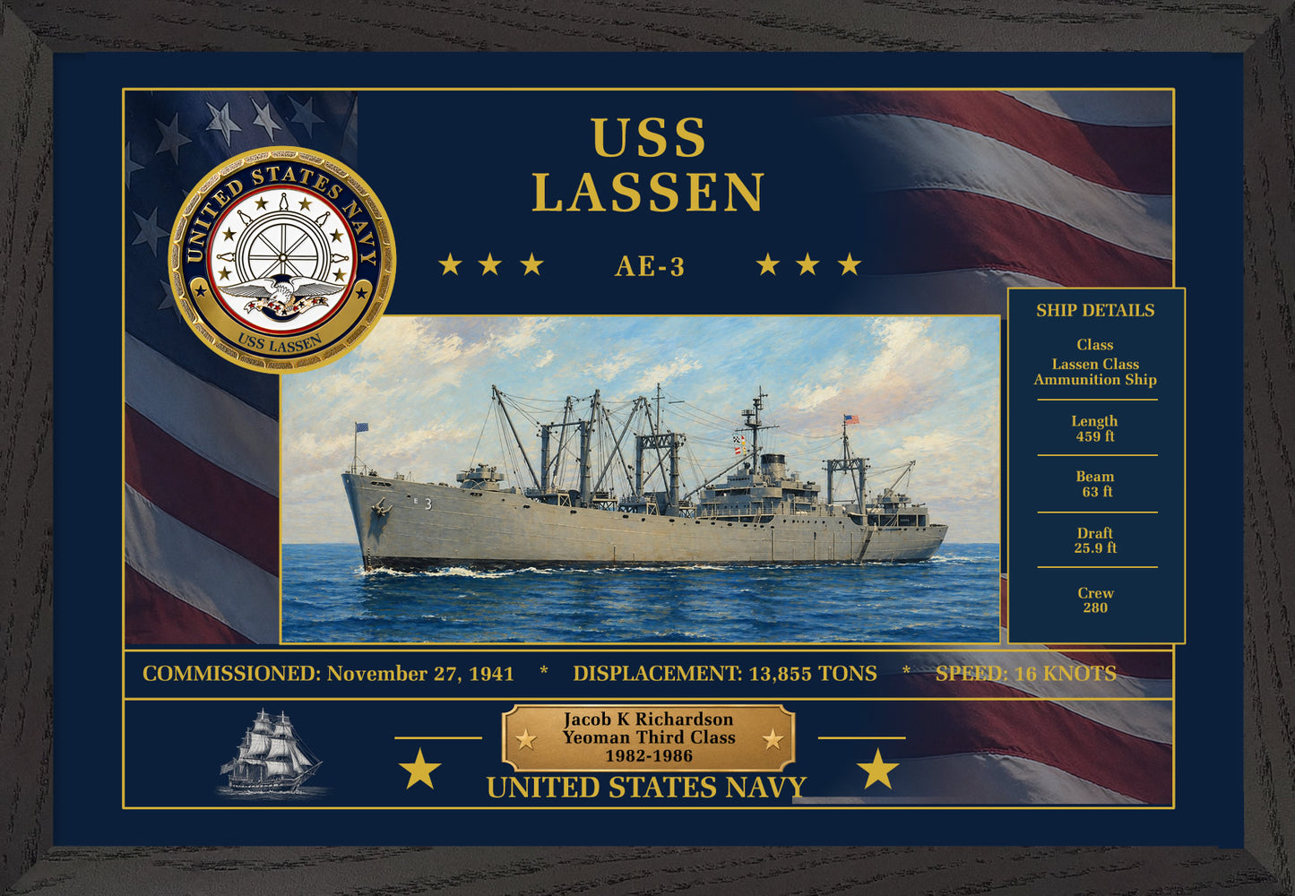 USS Lassen AE-3 Framed Patriotic Art