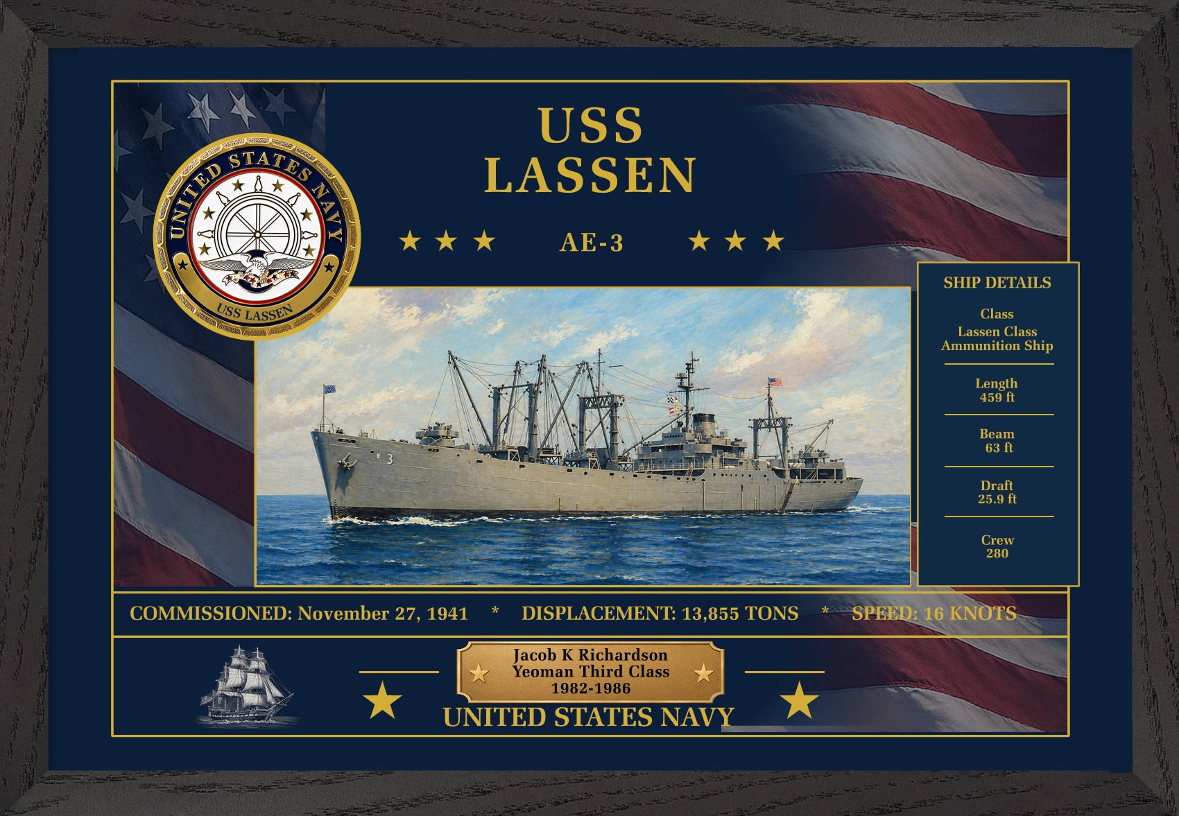 USS Lassen AE-3 Framed Patriotic Art