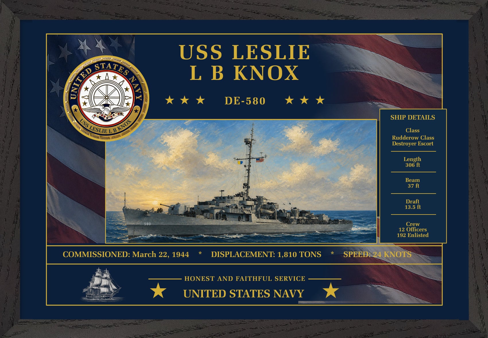 USS Leslie L B Knox DE-580 Framed Patriotic Art