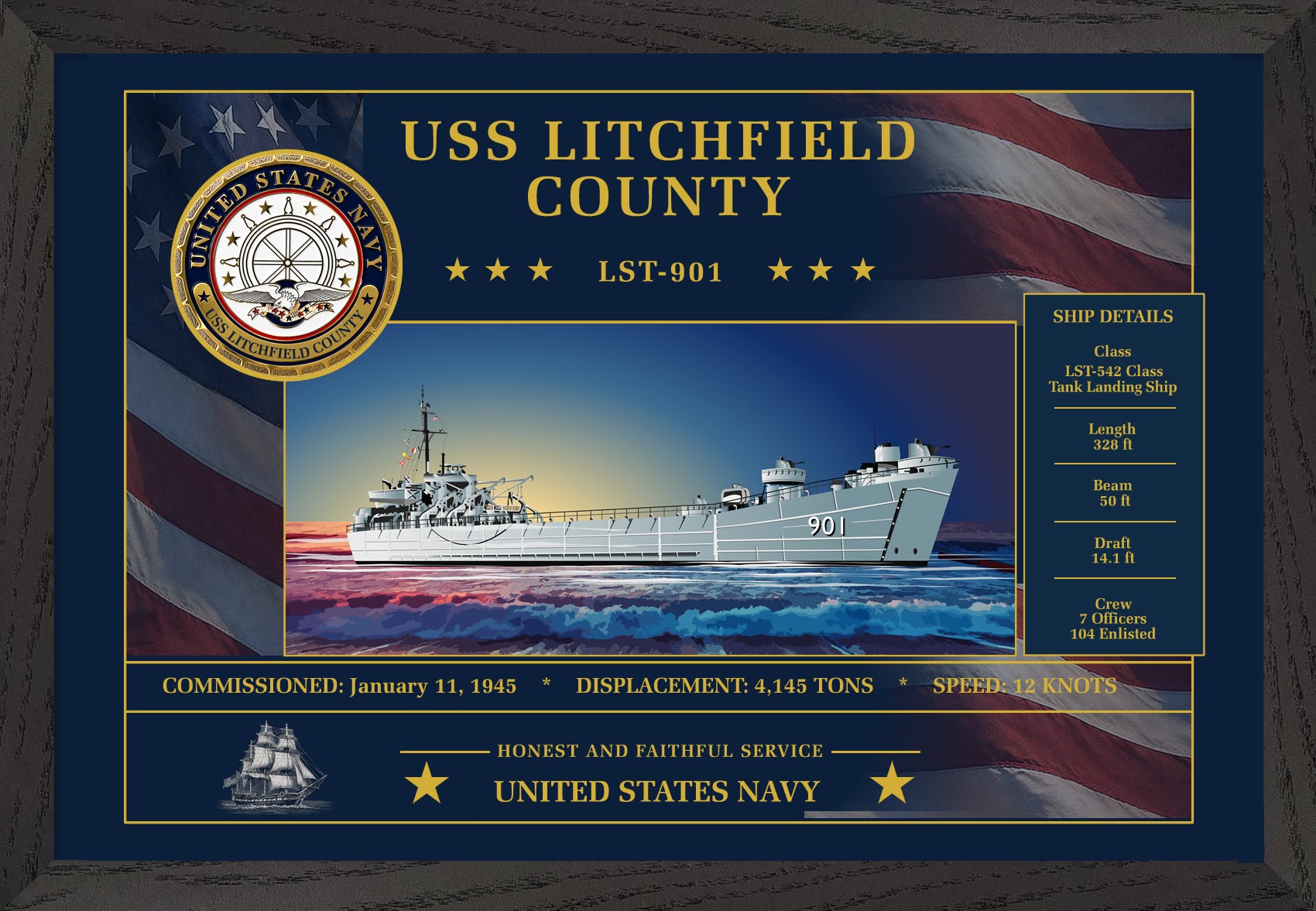 USS Litchfield County LST-901 Framed Patriotic Art