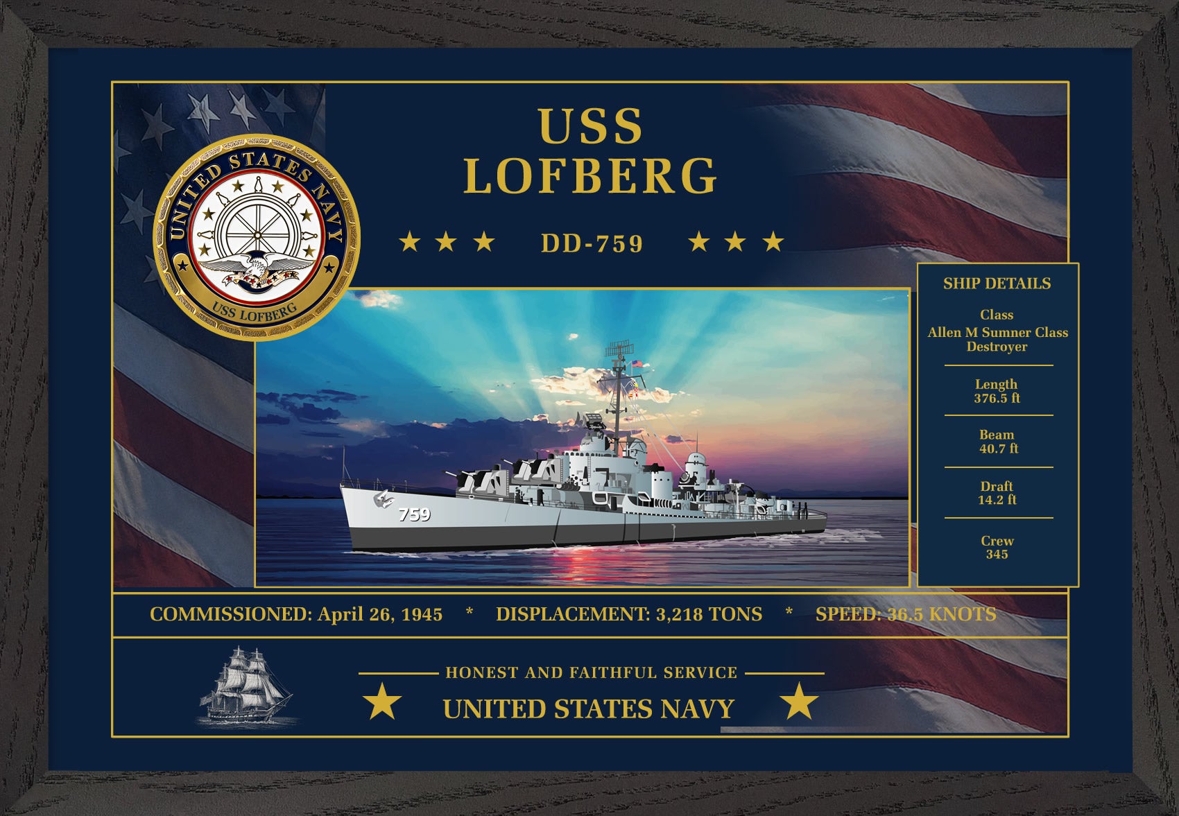 USS Lofberg DD-759 Framed Patriotic Art