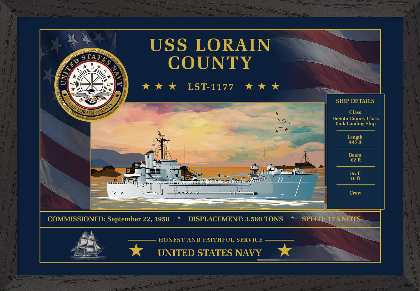 USS Lorain County LST-1177 Framed Patriotic Art