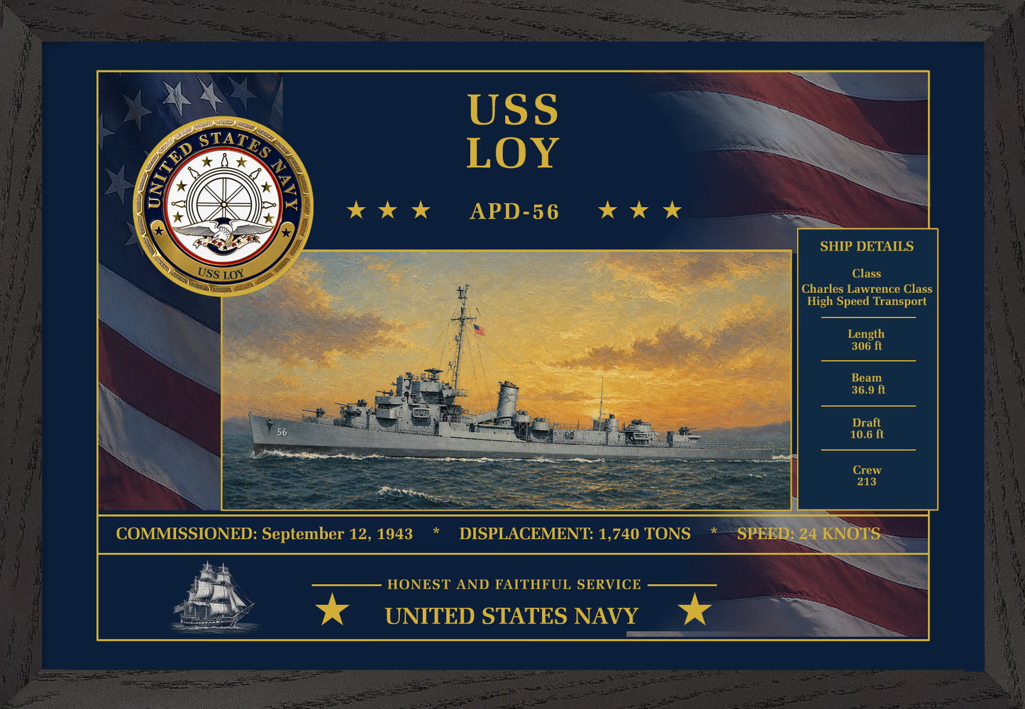 USS Loy APD-56 Framed Patriotic Art