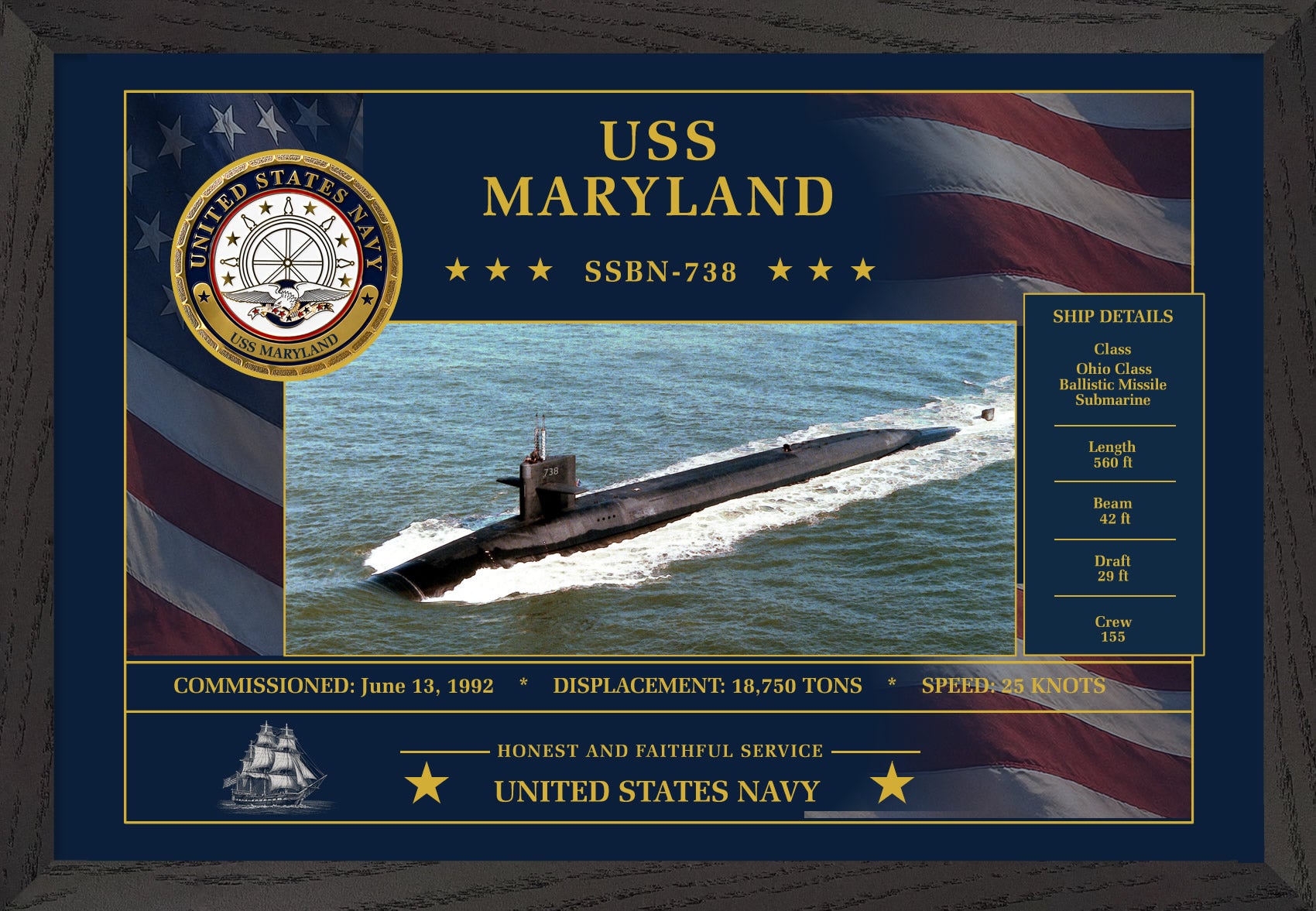 USS Maryland SSBN-738 Framed Patriotic Art