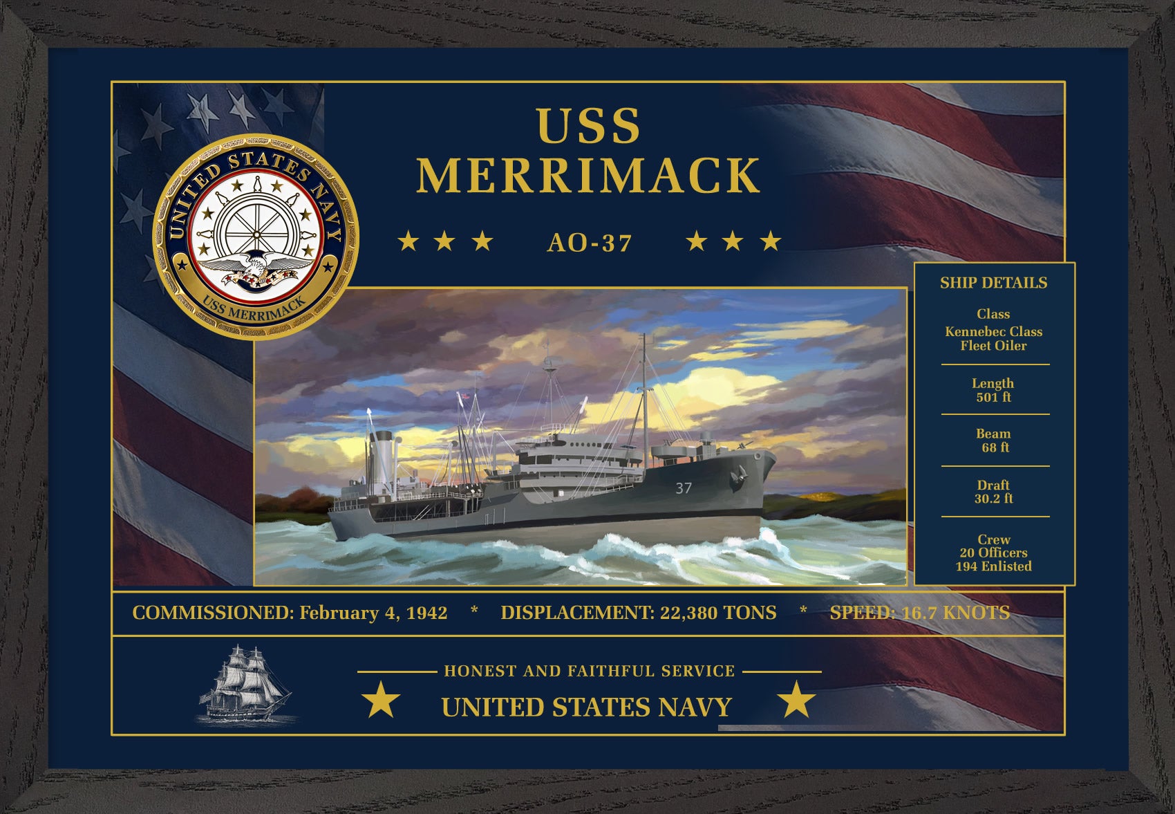 USS Merrimack AO-37 Framed Patriotic Art