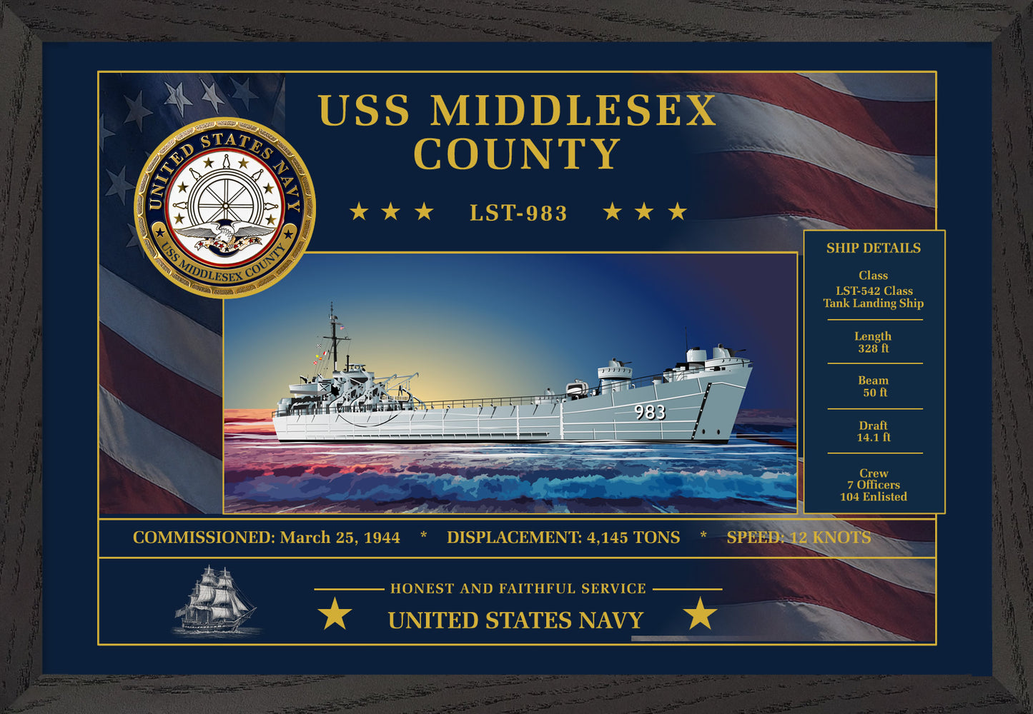 USS Middlesex County LST-983 Framed Patriotic Art