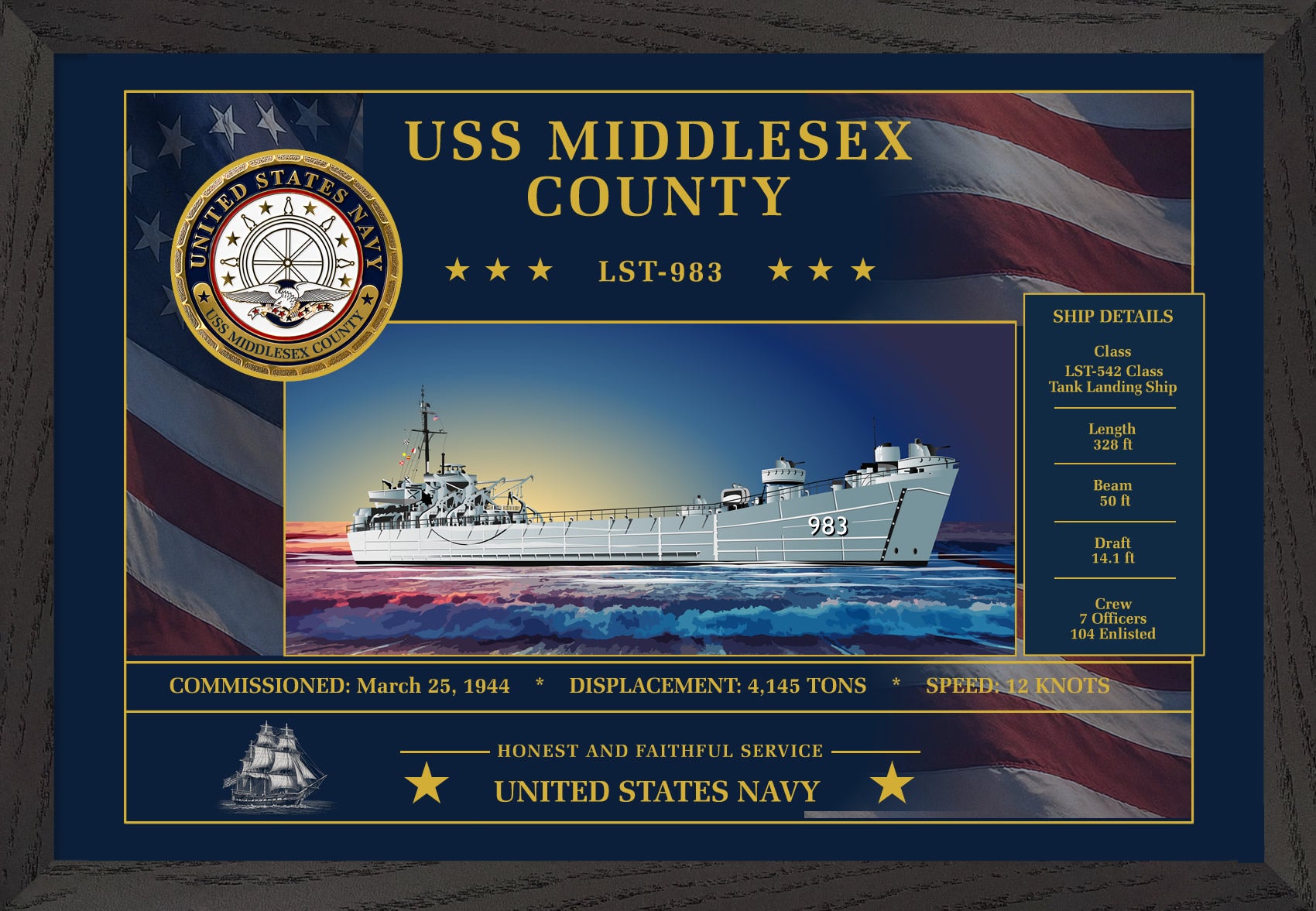USS Middlesex County LST-983 Framed Patriotic Art