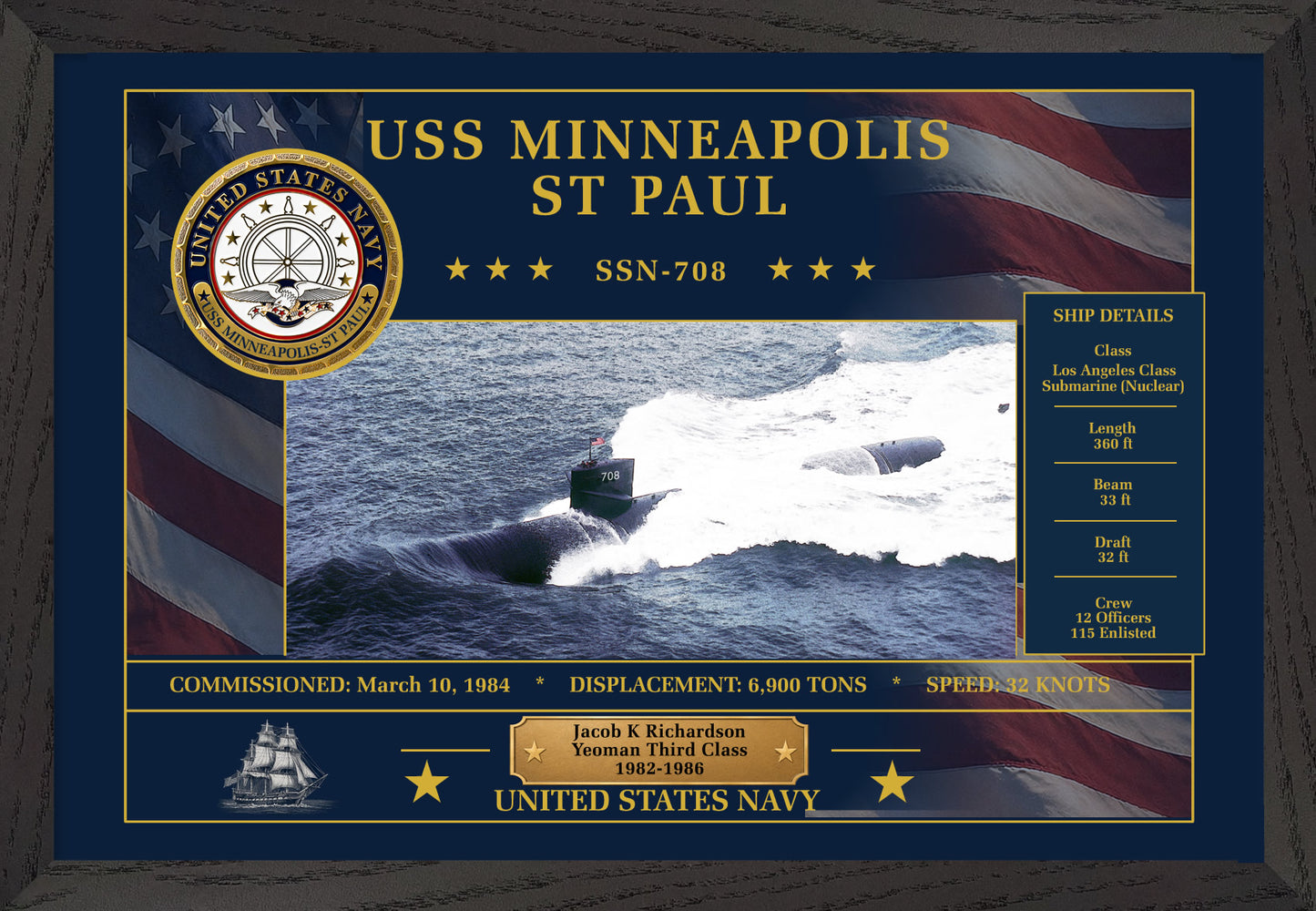 USS Minneapolis St Paul SSN-708 Framed Patriotic Art