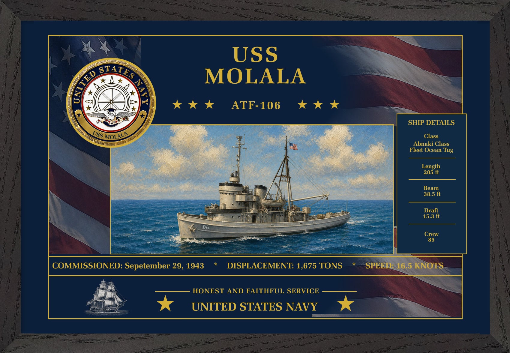 USS Molala ATF-106 Framed Patriotic Art