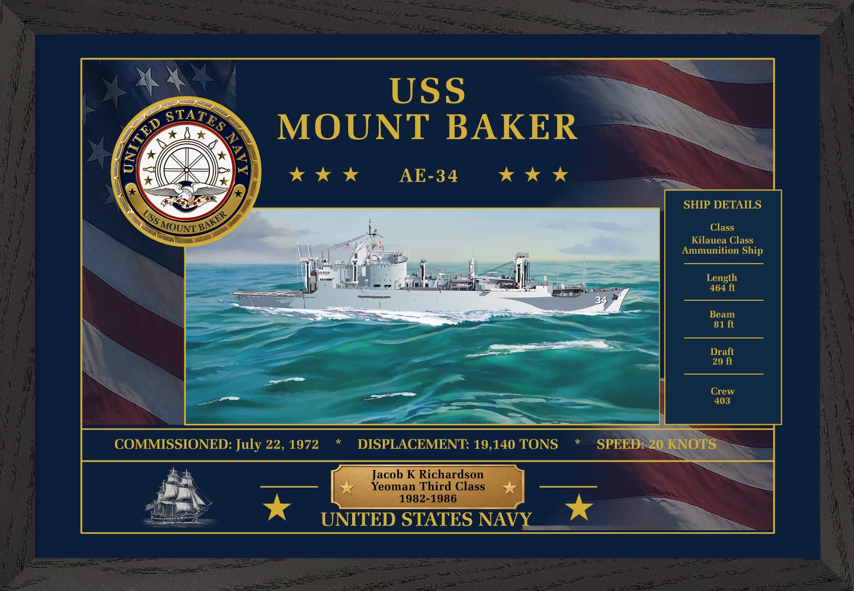 USS Mount Baker AE-34 Framed Patriotic Art