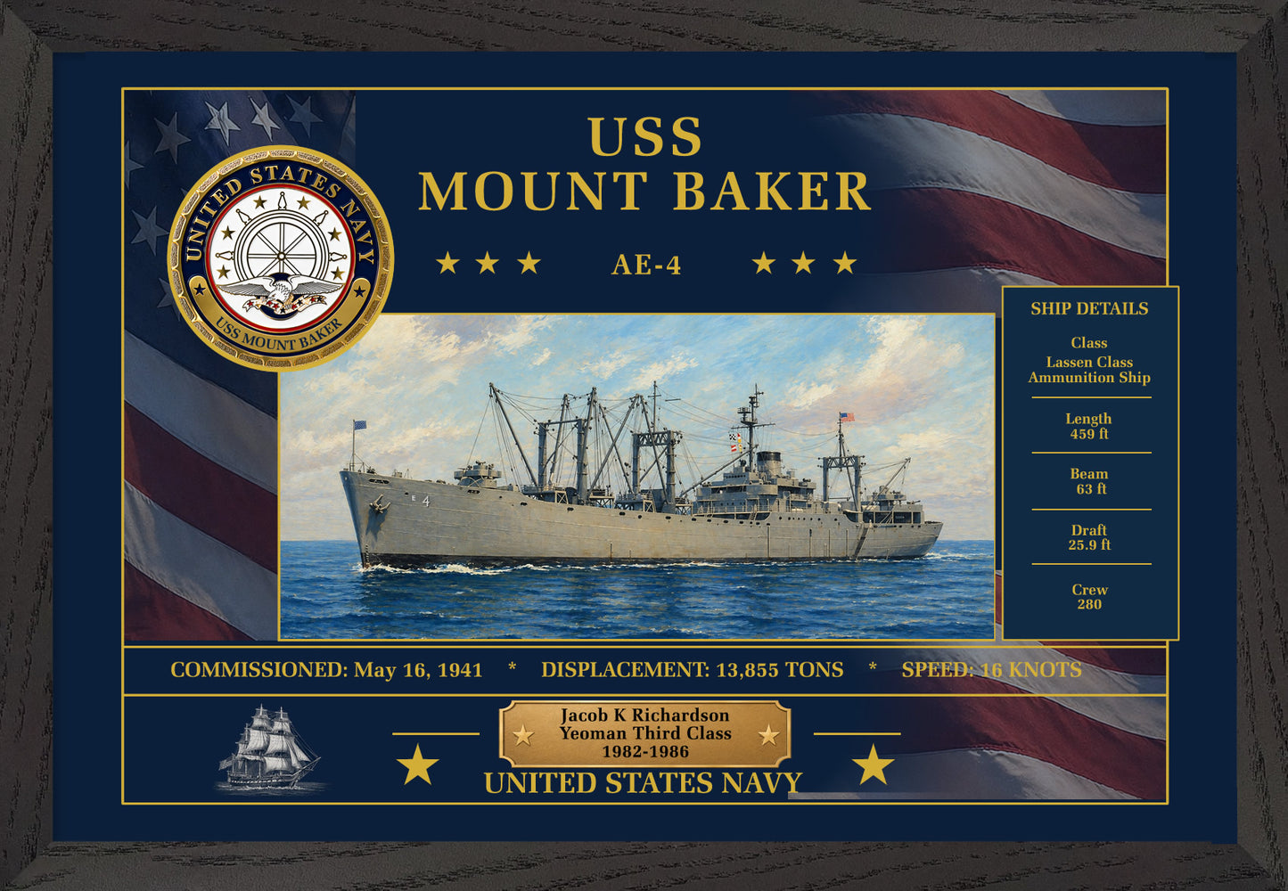 USS Mount Baker AE-4 Framed Patriotic Art