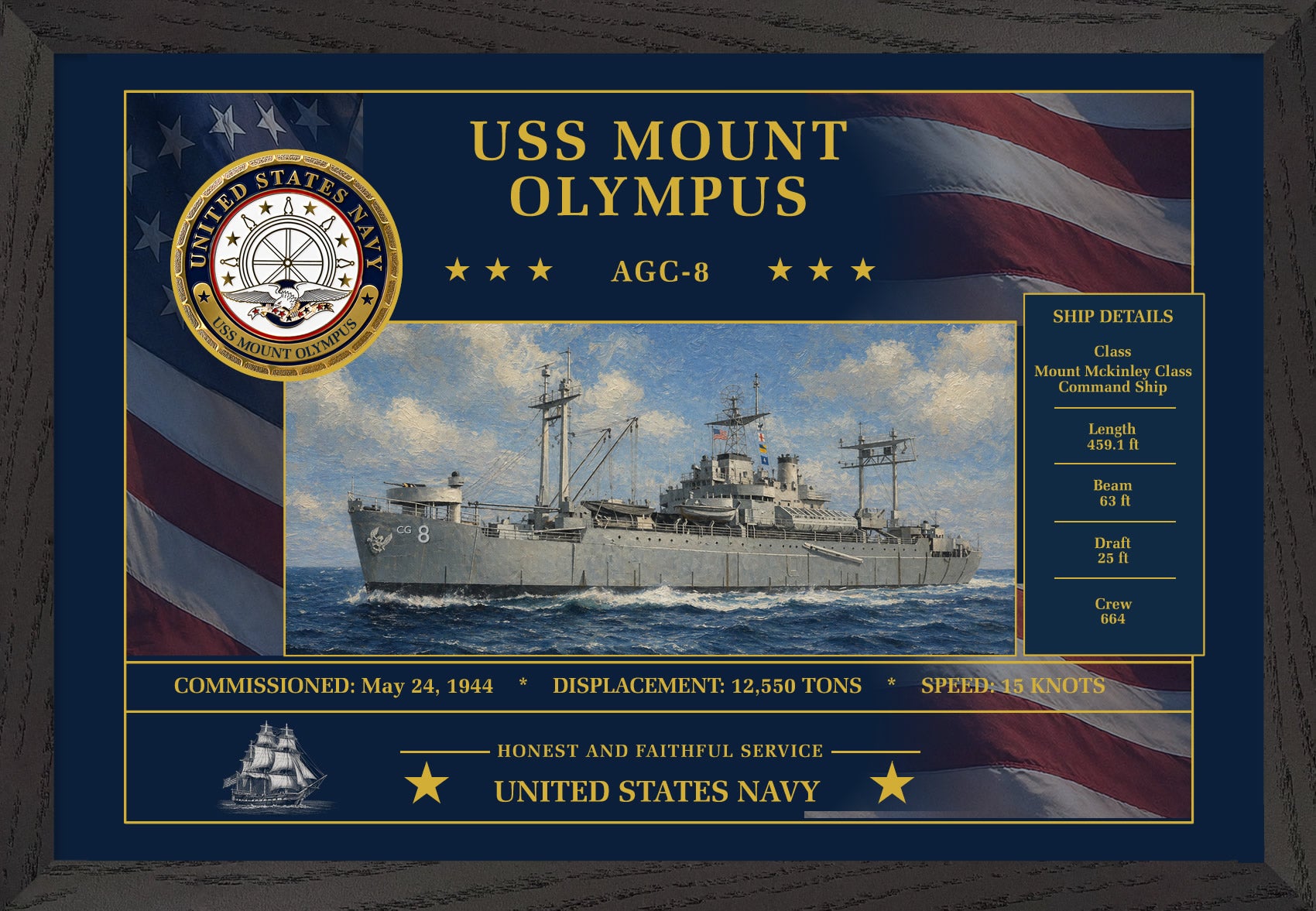 USS Mount Olympus AGC-8 Framed Patriotic Art
