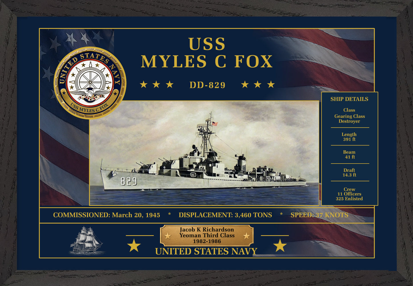 USS Myles C Fox DD-829 Framed Patriotic Art