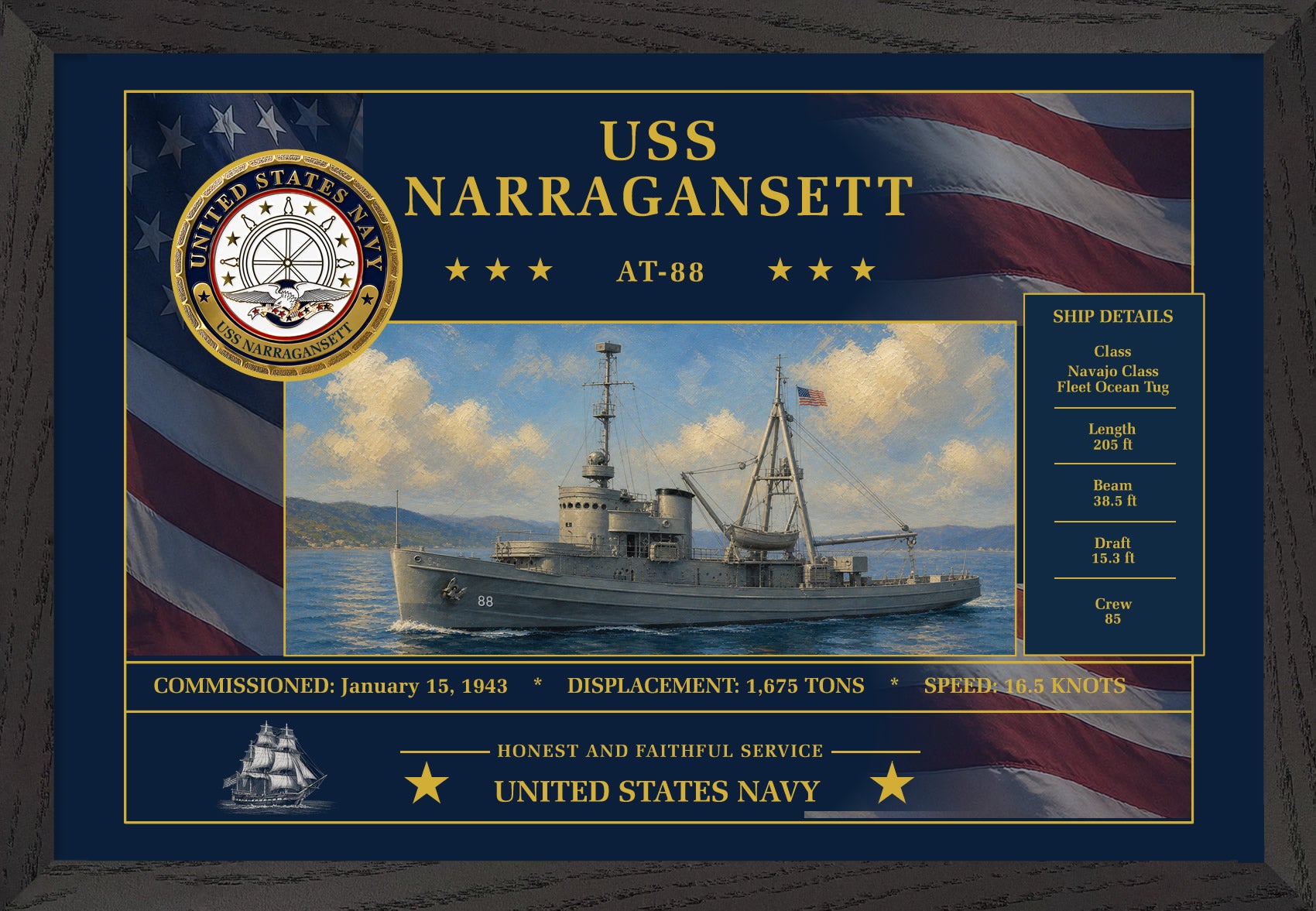 USS Narragansett AT-88 Framed Patriotic Art