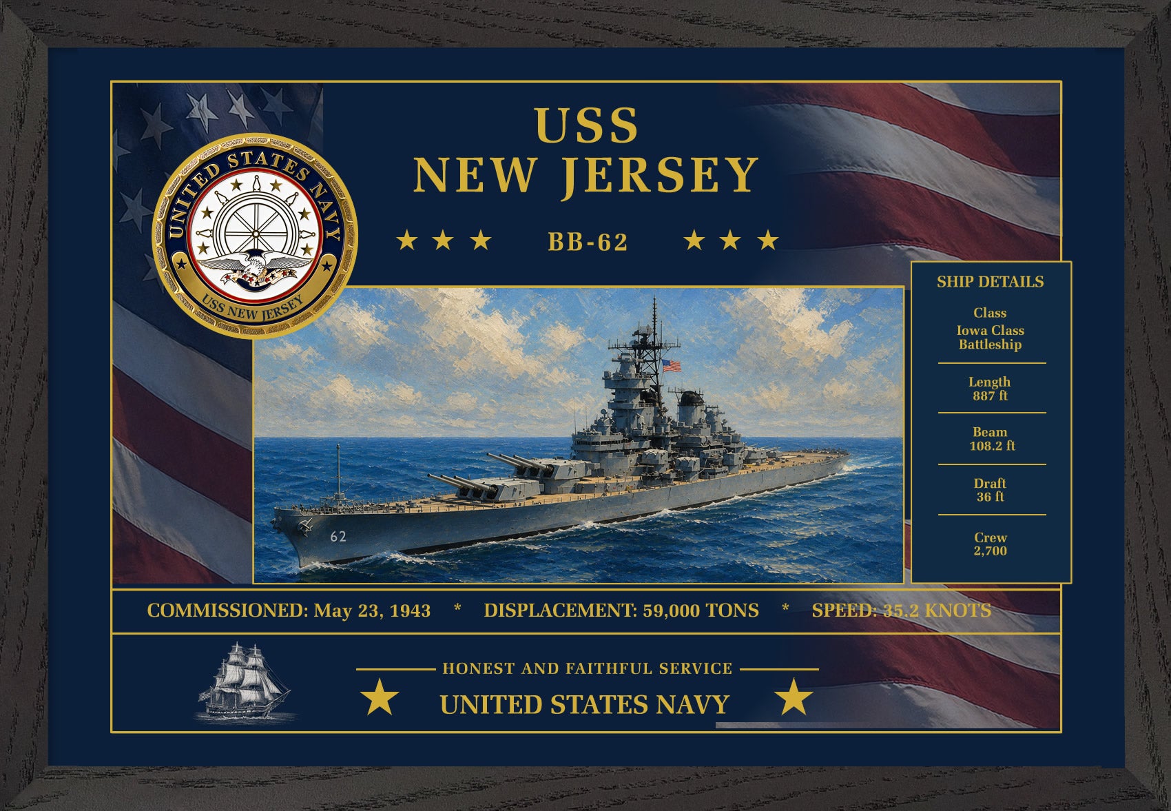 USS New Jersey BB-62 Framed Patriotic Art