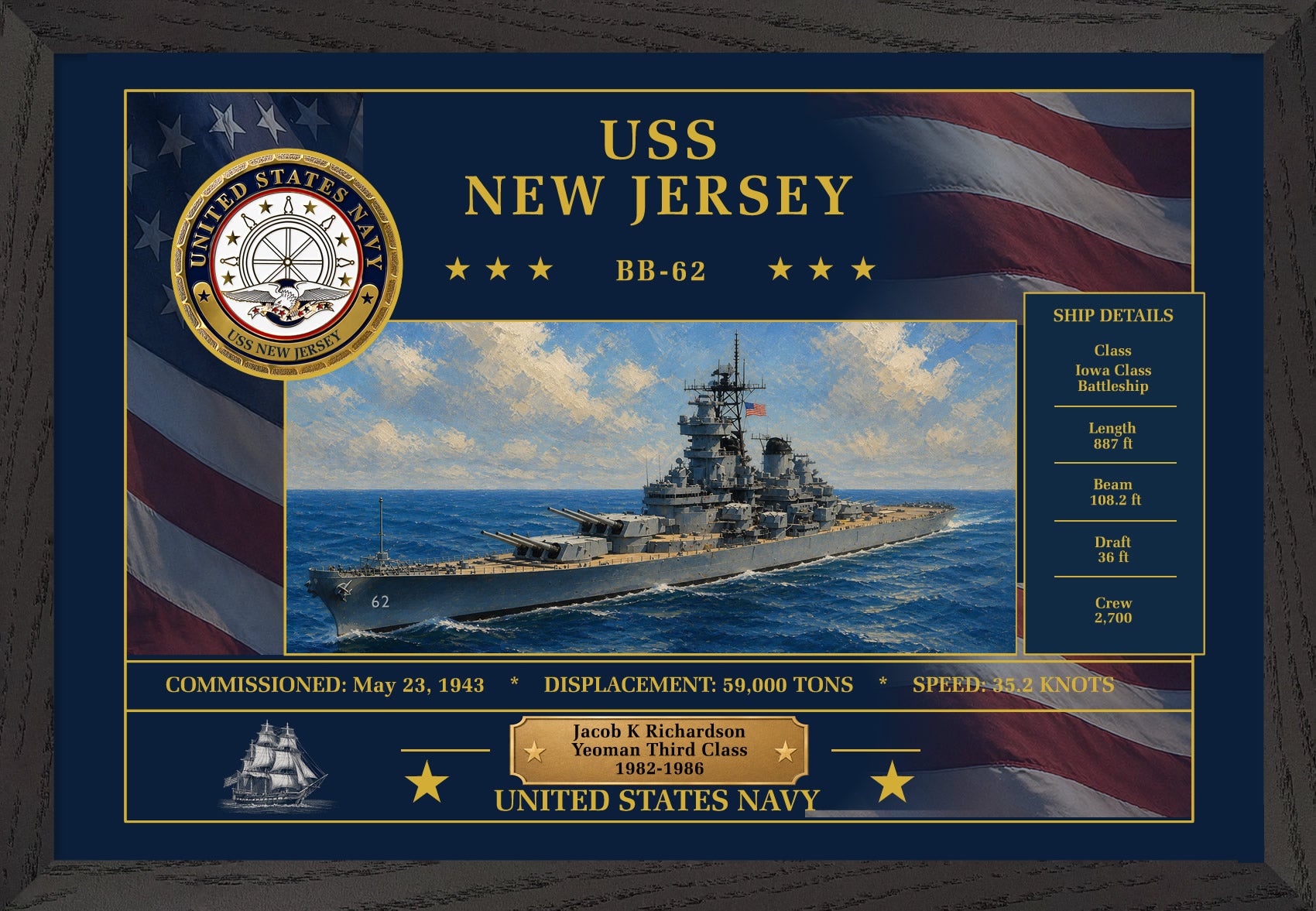 USS New Jersey BB-62 Framed Patriotic Art