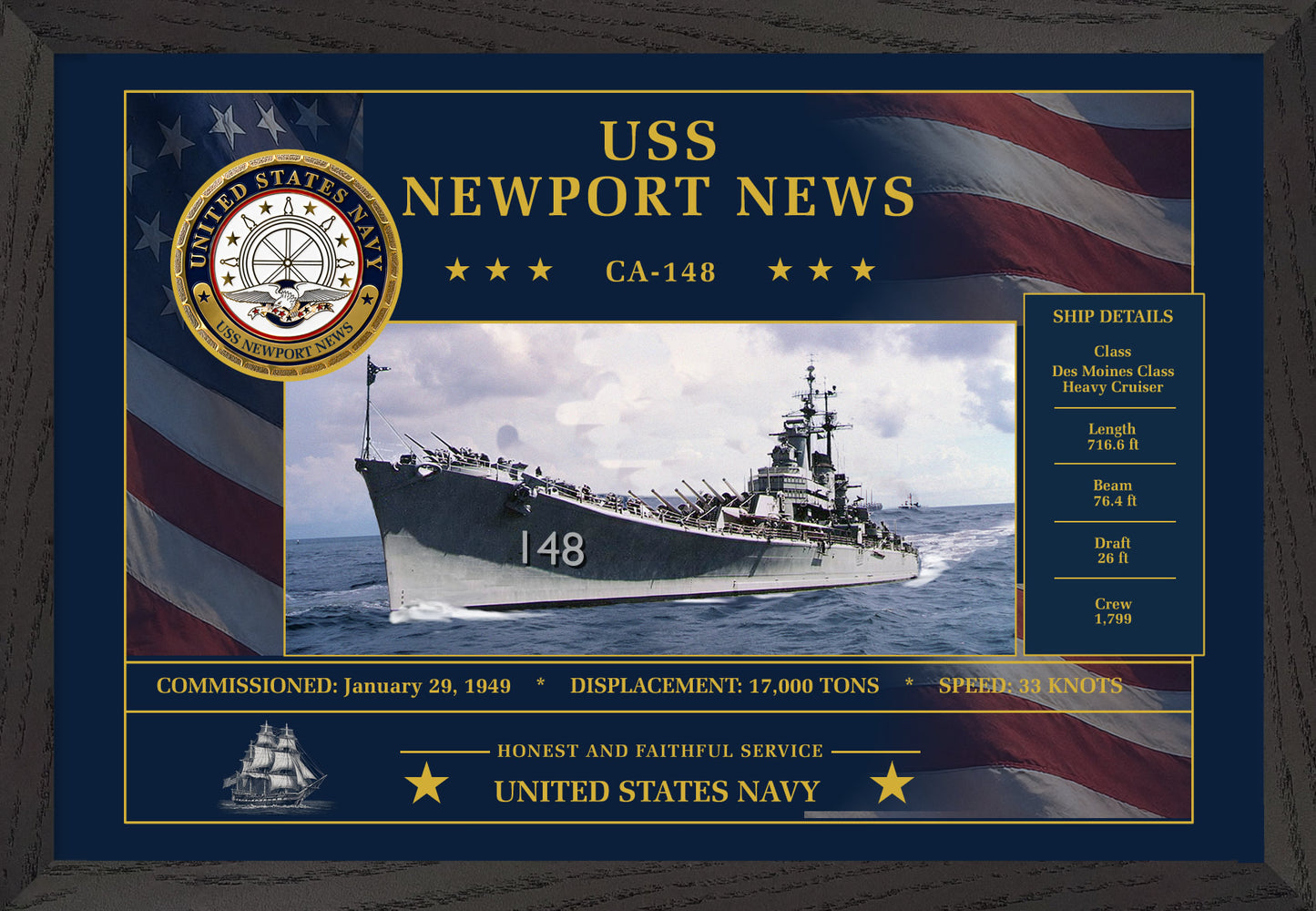 USS Newport News CA-148 Framed Patriotic Art