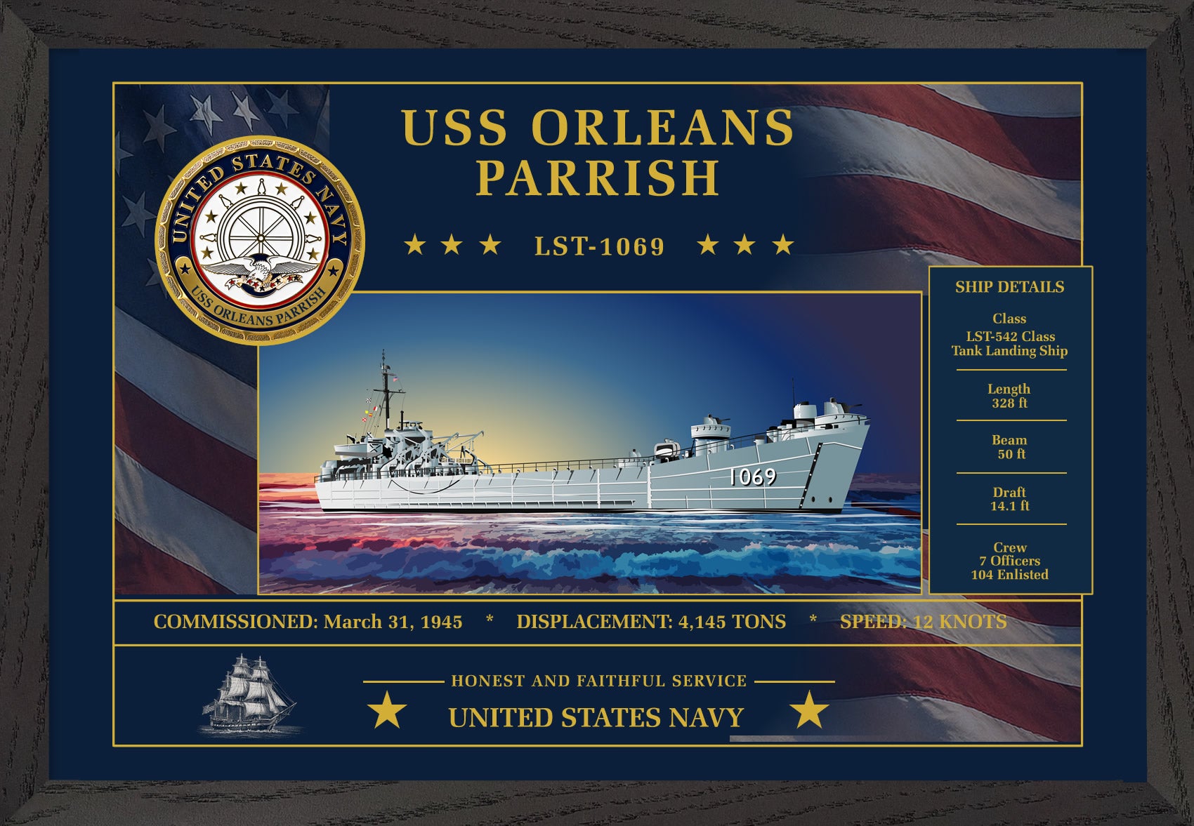 USS Orleans Parrish LST-1069 Framed Patriotic Art