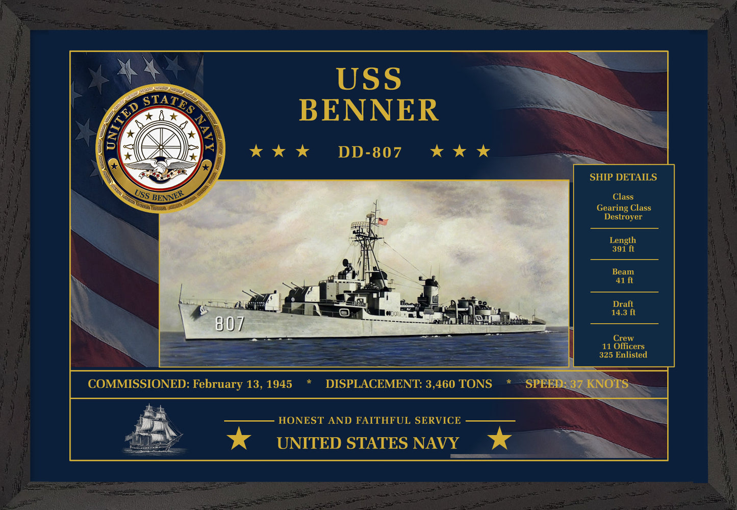 USS Benner DD-807 Framed Patriotic Art