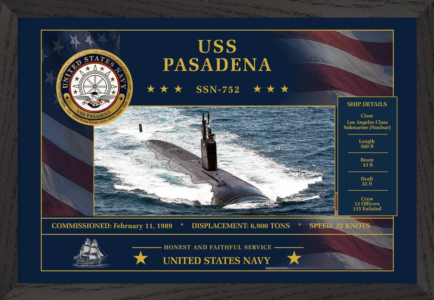 USS Pasadena SSN-752 Framed Patriotic Art