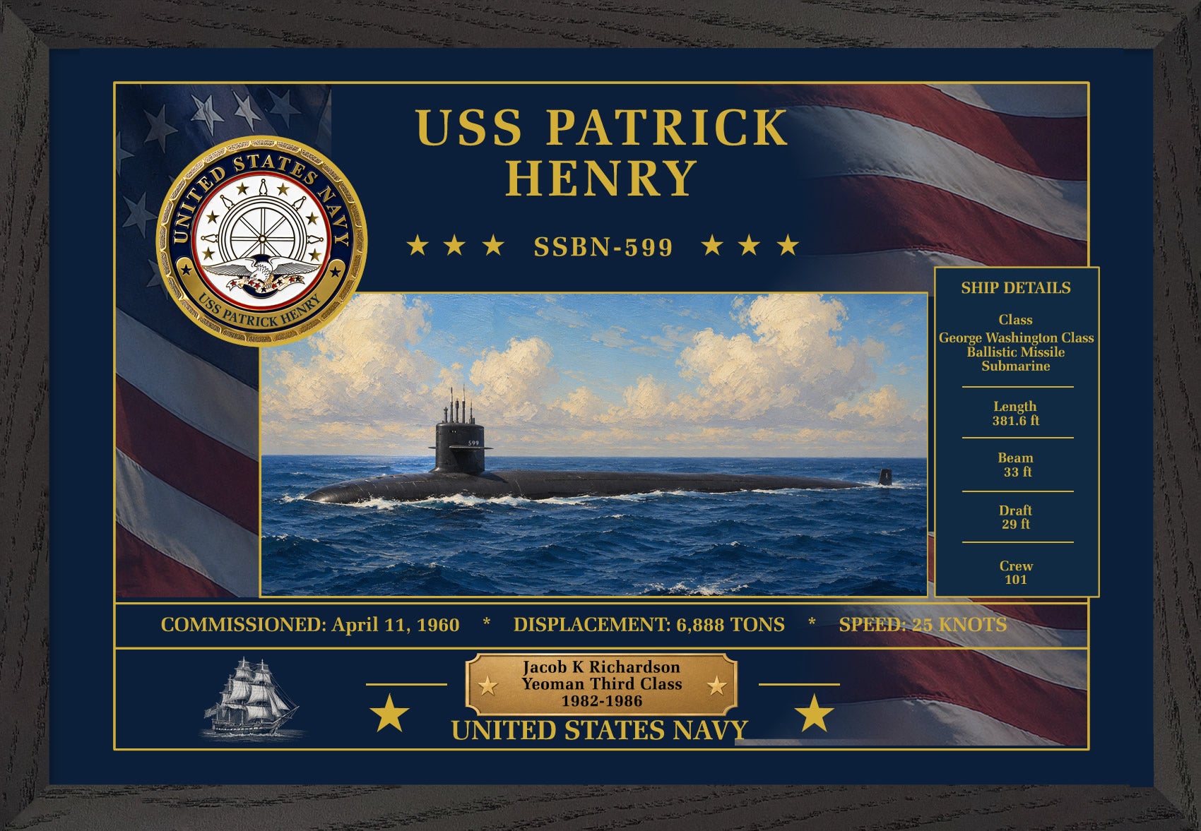 USS Patrick Henry SSBN-599 Framed Patriotic Art