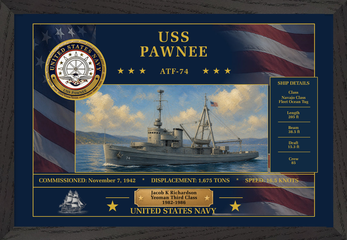 USS Pawnee ATF-74 Framed Patriotic Art
