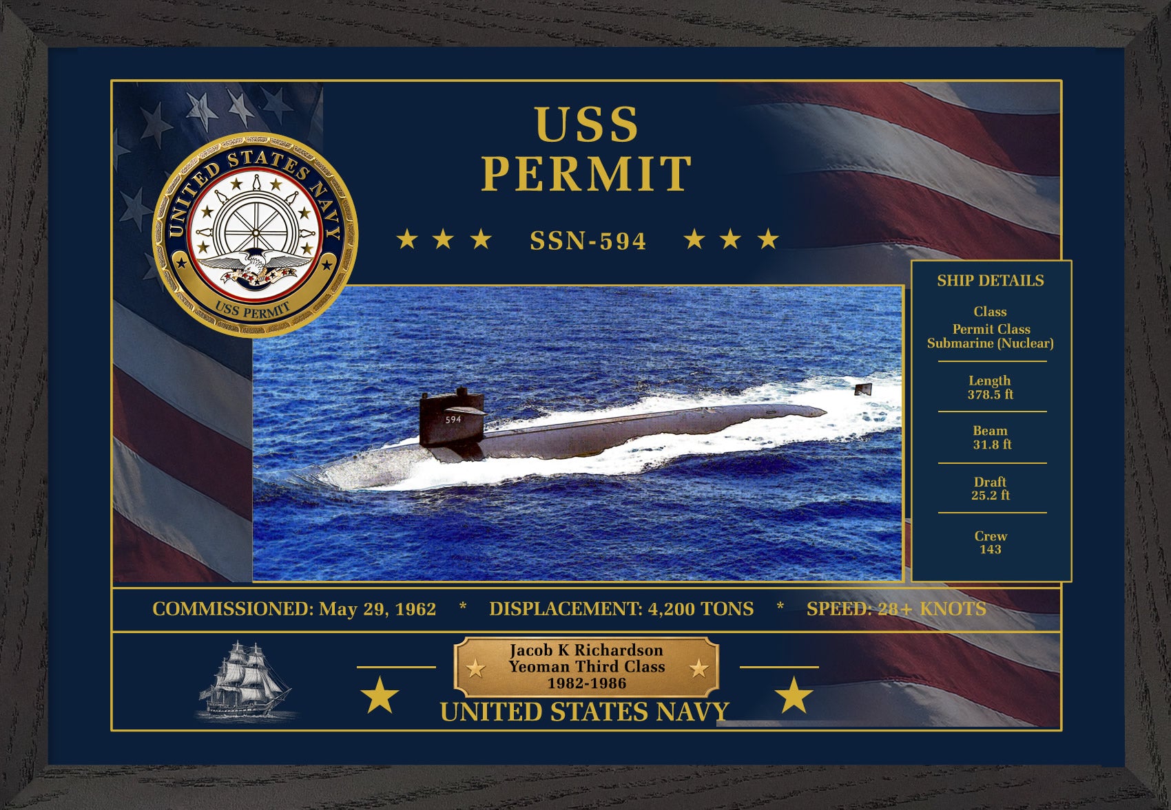 USS Permit SSN-594 Framed Patriotic Art