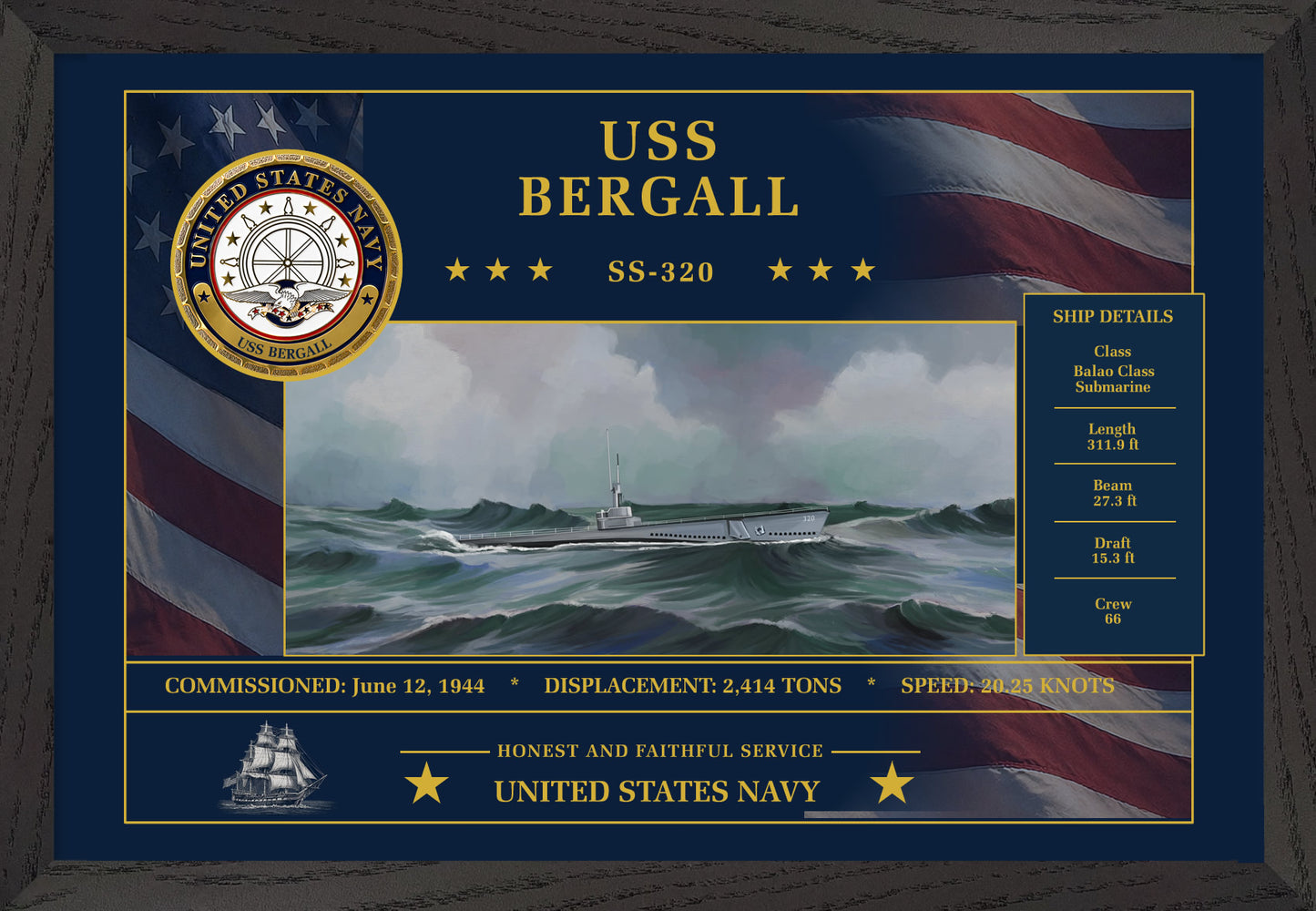 USS Bergall SS-320 Framed Patriotic Art