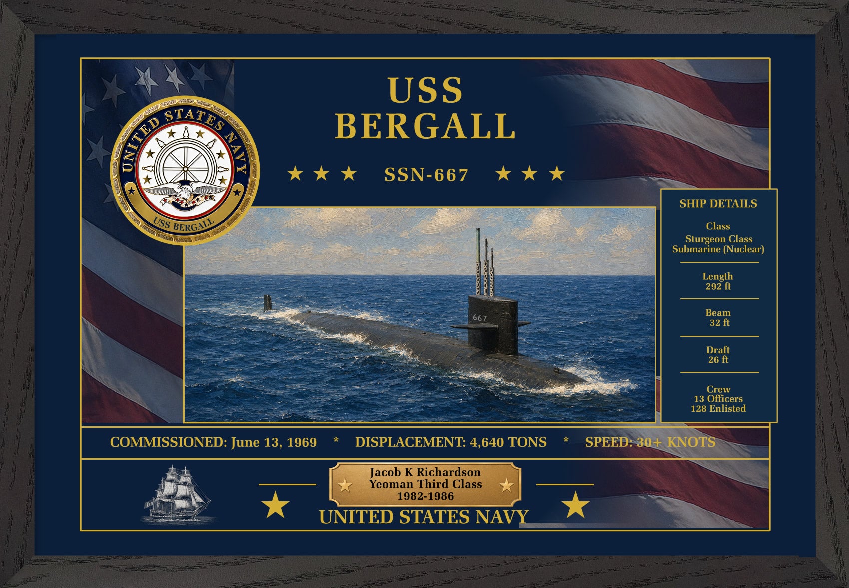 USS Bergall SSN-667 Framed Patriotic Art