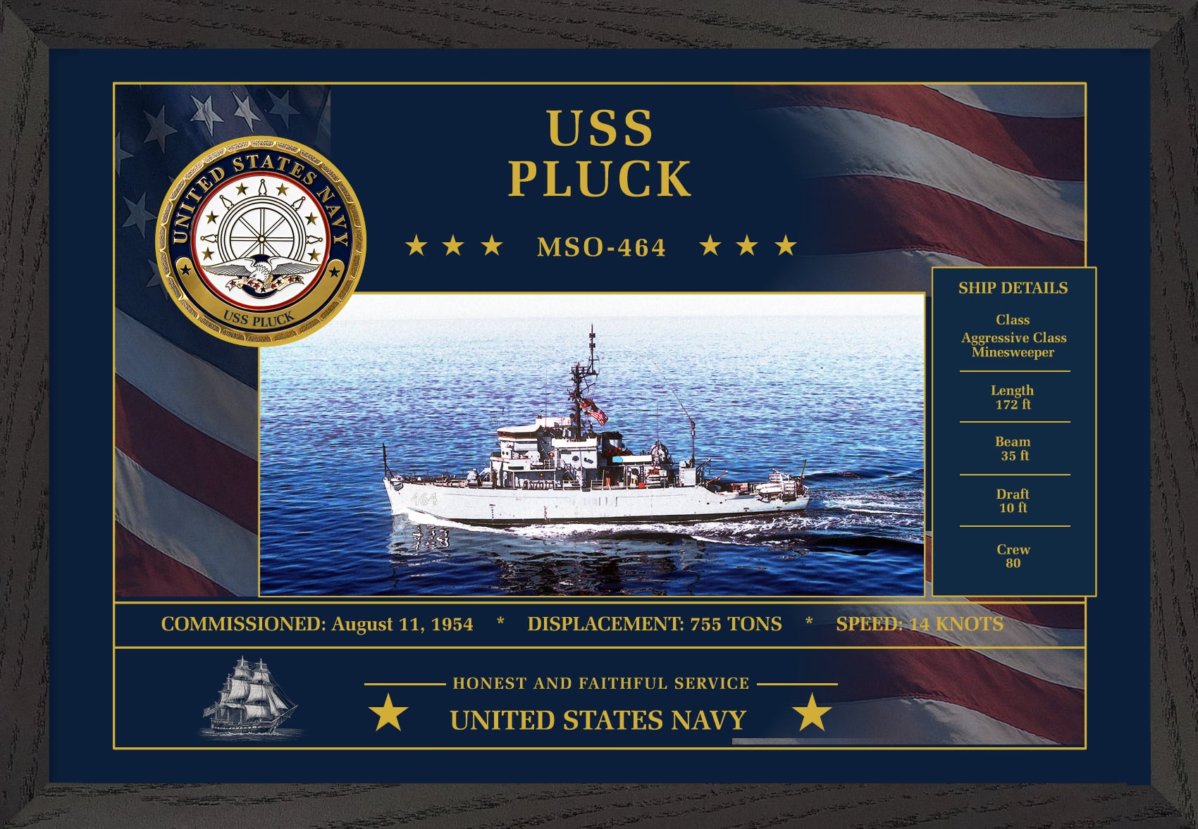 USS Pluck MSO-464 Framed Patriotic Art
