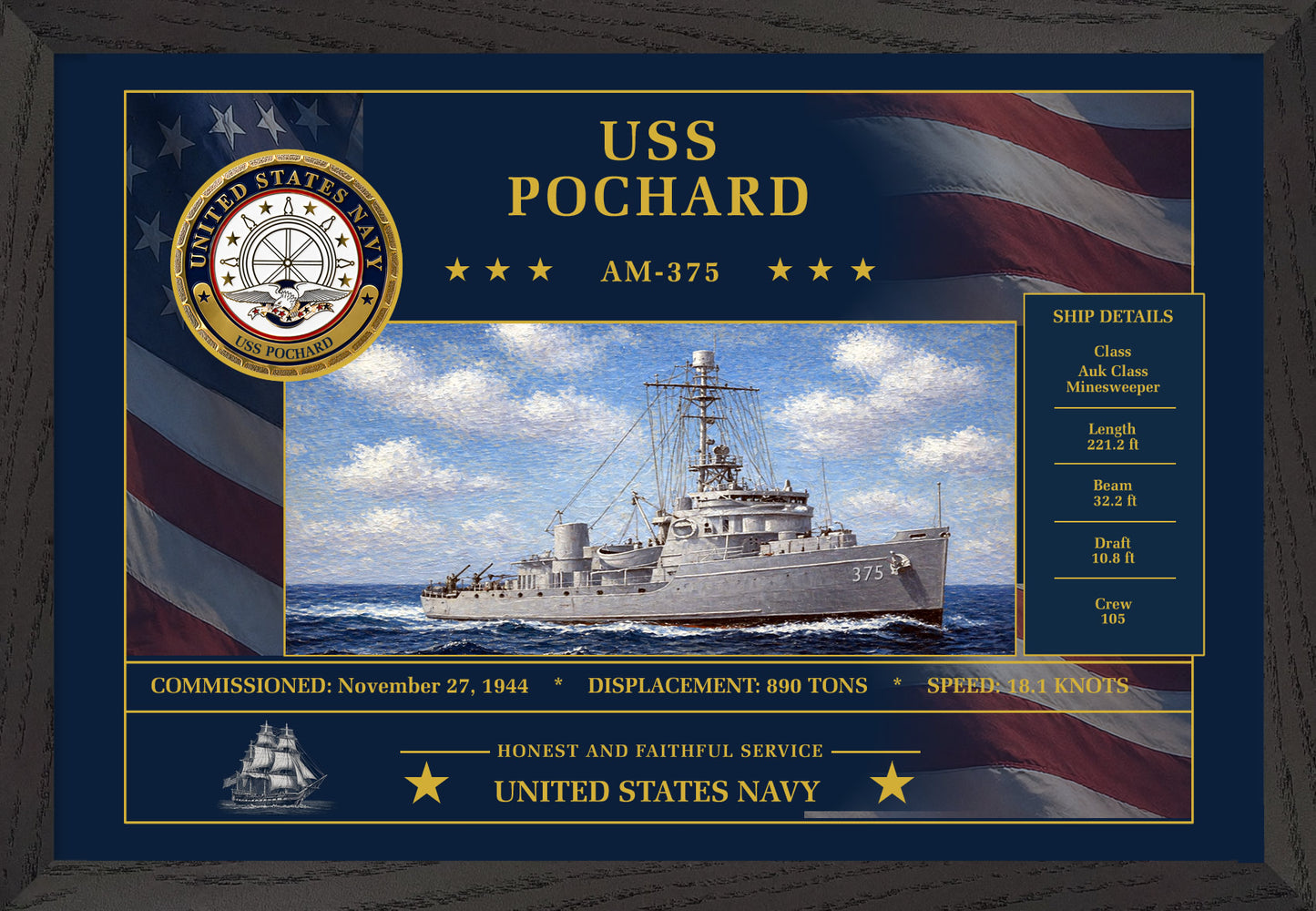 USS Pochard AM-375 Framed Patriotic Art