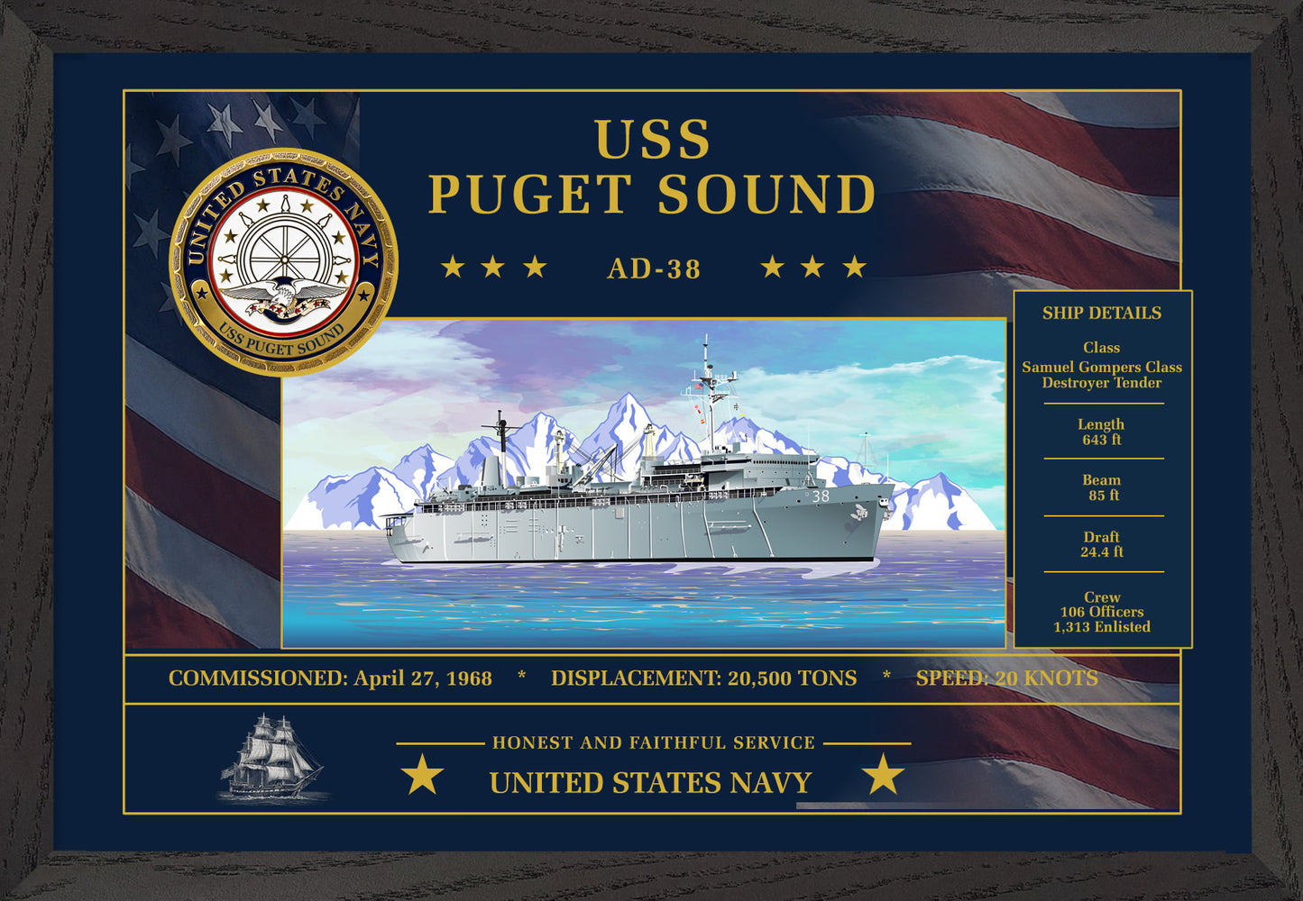 USS Puget Sound AD-38 Framed Patriotic Art