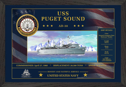 USS Puget Sound AD-38 Framed Patriotic Art