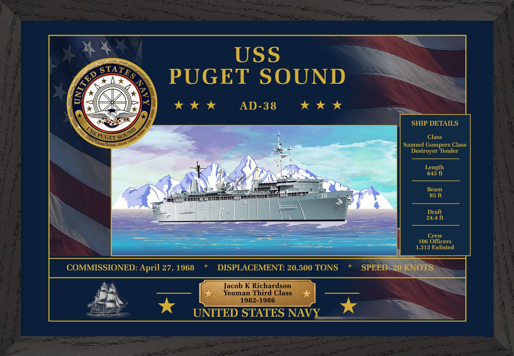 USS Puget Sound AD-38 Framed Patriotic Art