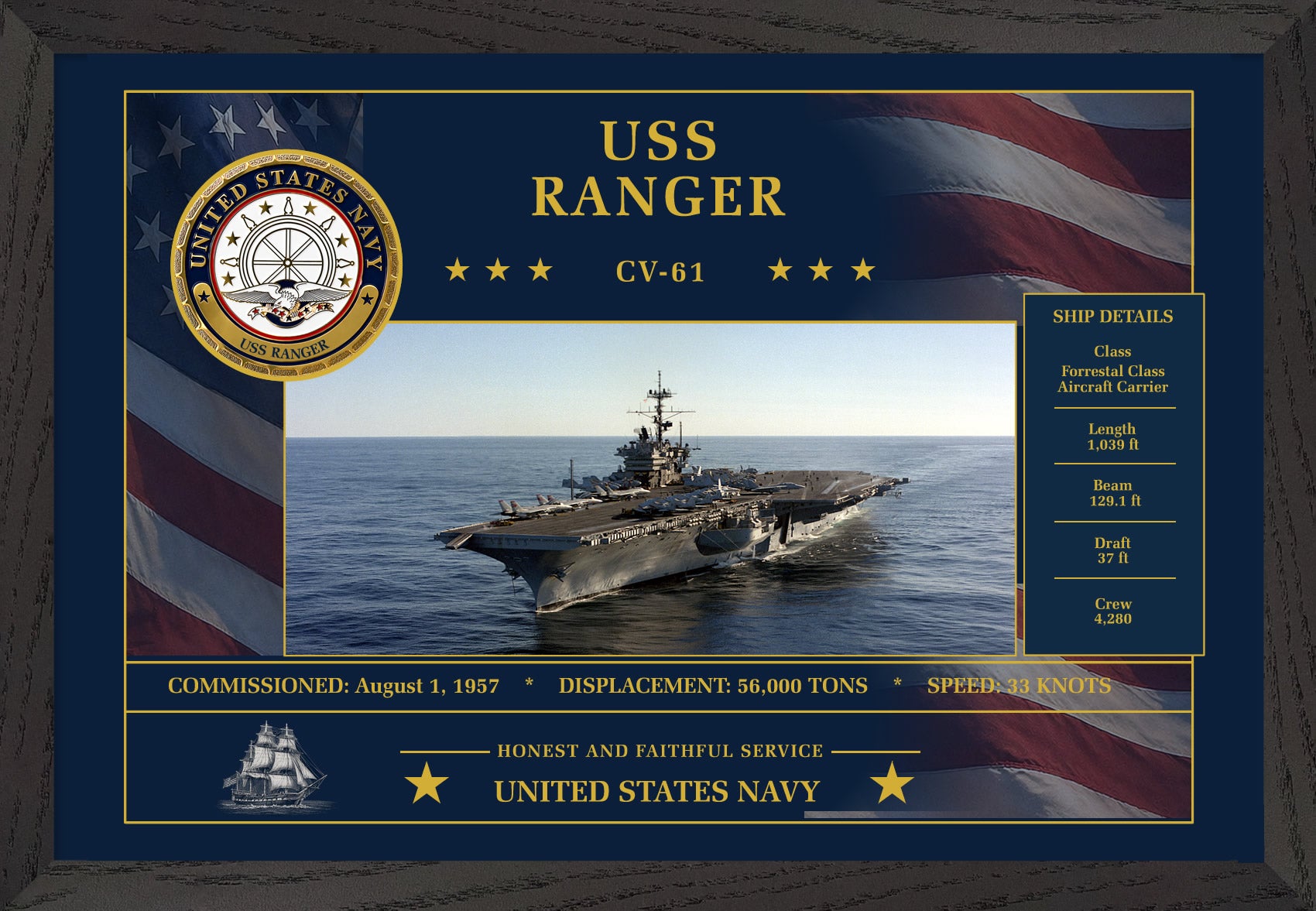 USS Ranger CV-61 Framed Patriotic Art