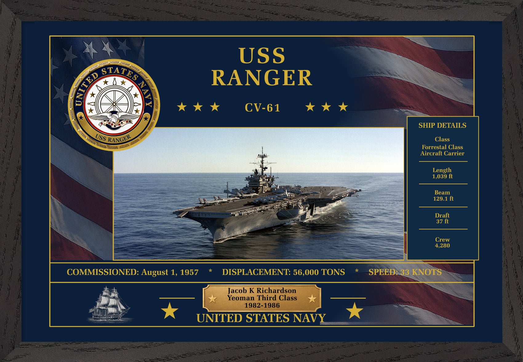 USS Ranger CV-61 Framed Patriotic Art