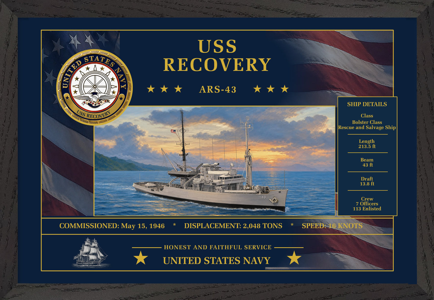 USS Recovery ARS-43 Framed Patriotic Art