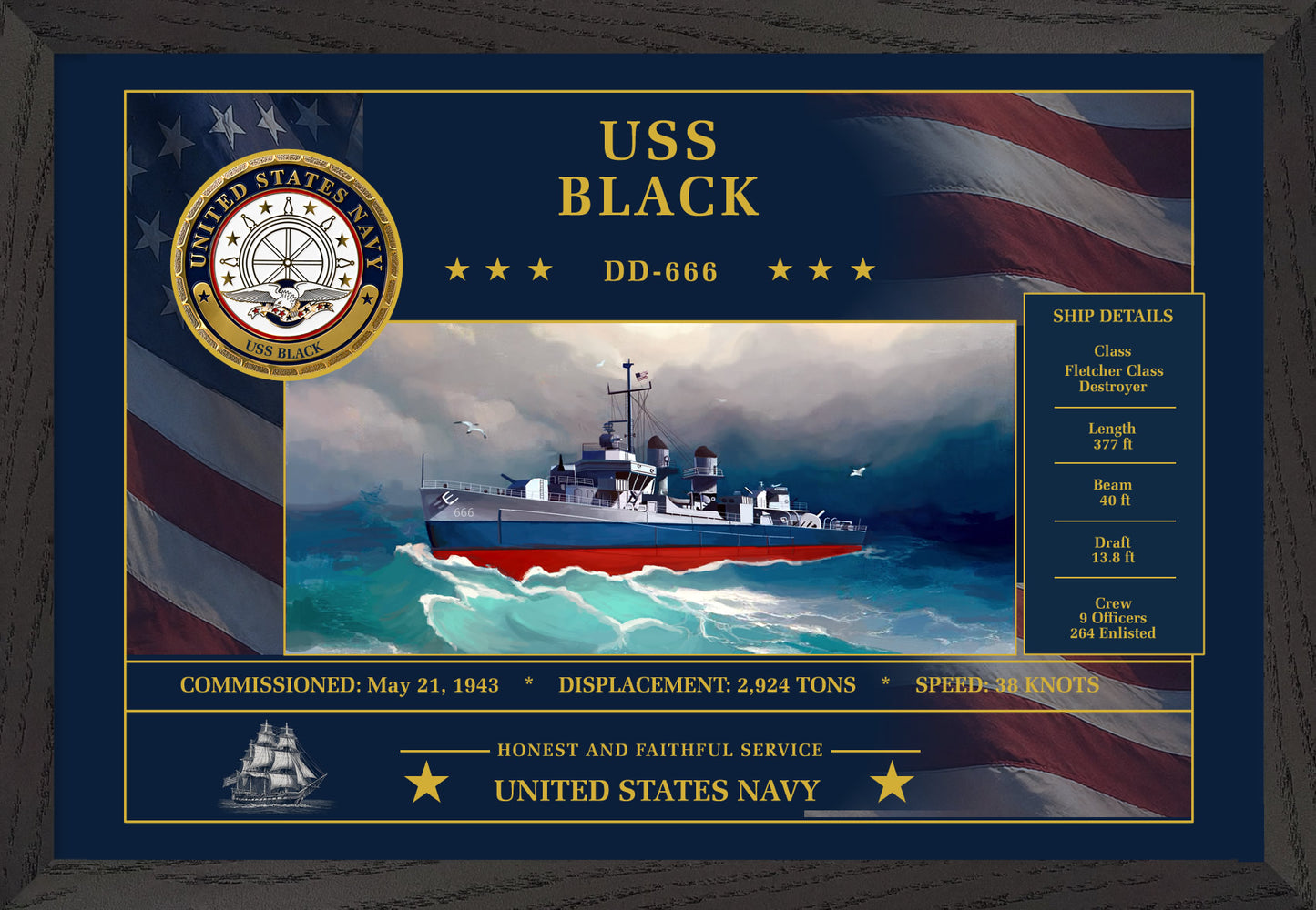 USS Black DD-666 Framed Patriotic Art
