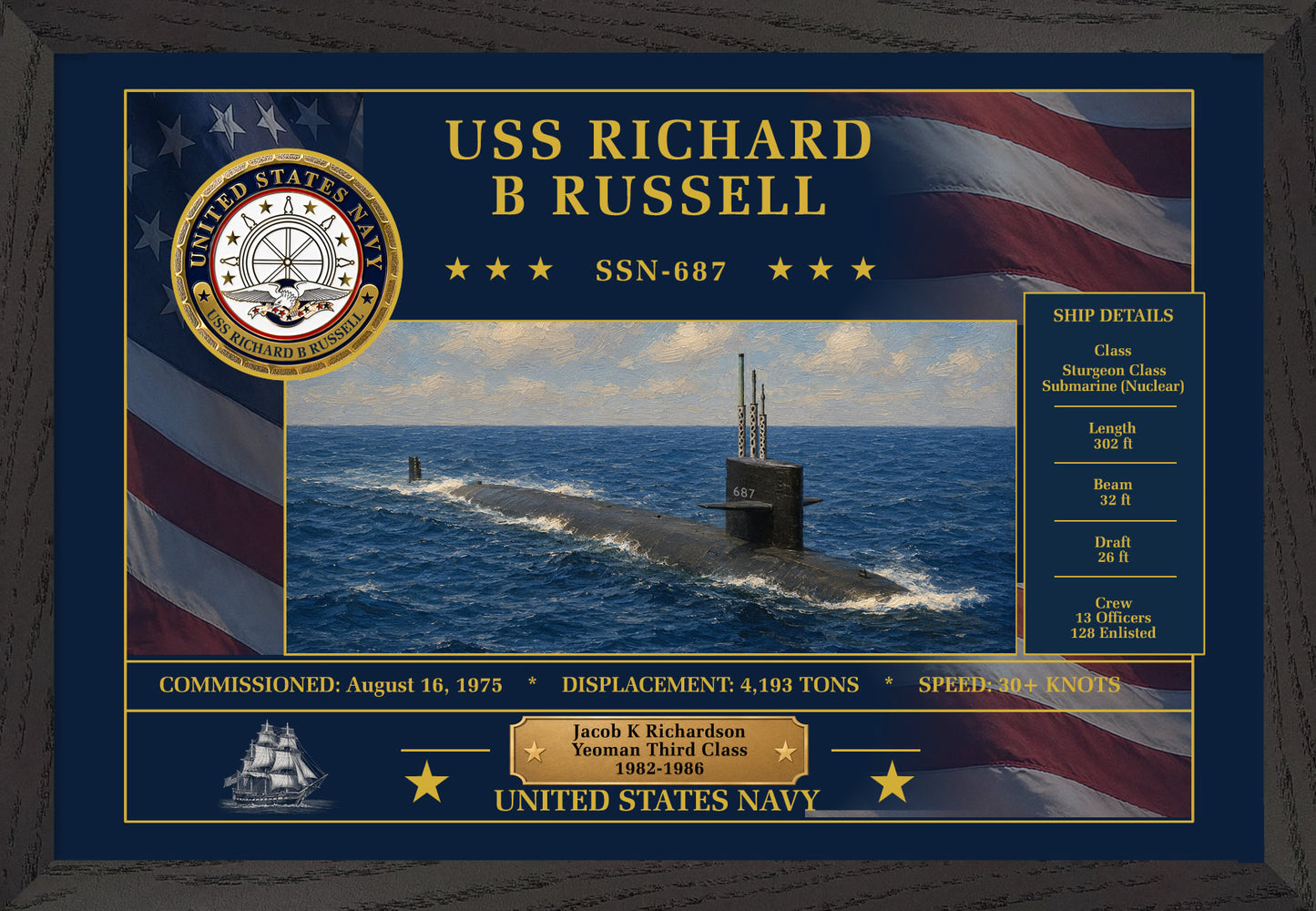 USS Richard B Russell SSN-687 Framed Patriotic Art