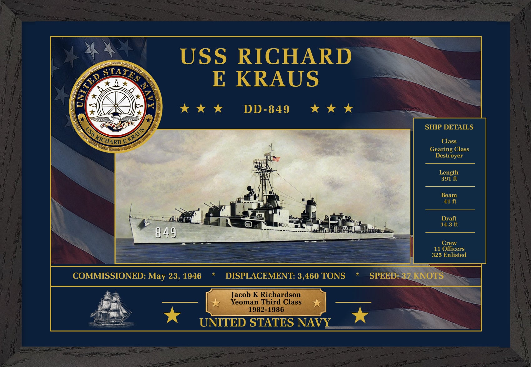 USS Richard E Kraus DD-849 Framed Patriotic Art
