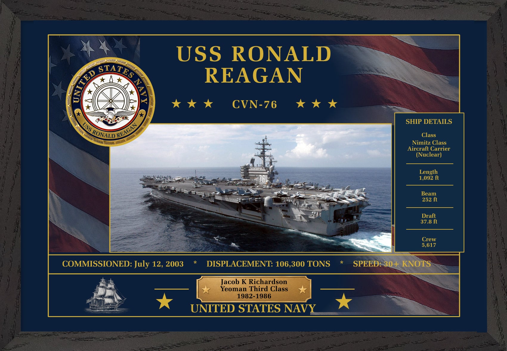 USS Ronald Reagan CVN-76 Framed Patriotic Art