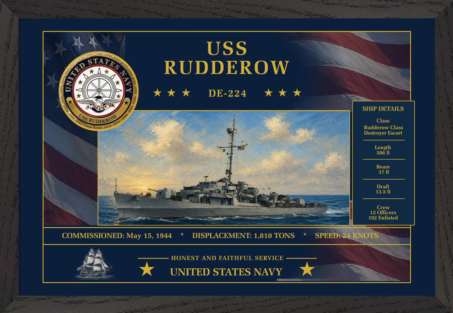 USS Rudderow DE-224 Framed Patriotic Art