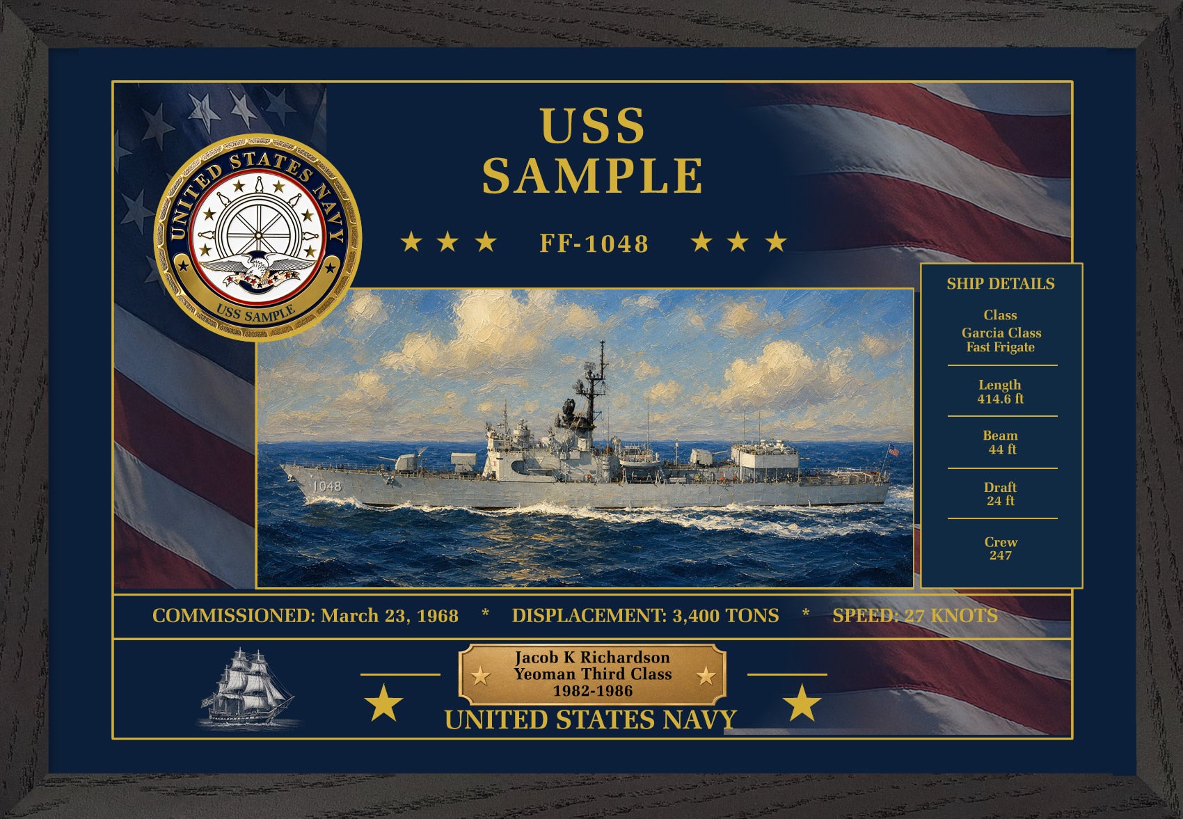 USS Sample FF-1048 Framed Patriotic Art