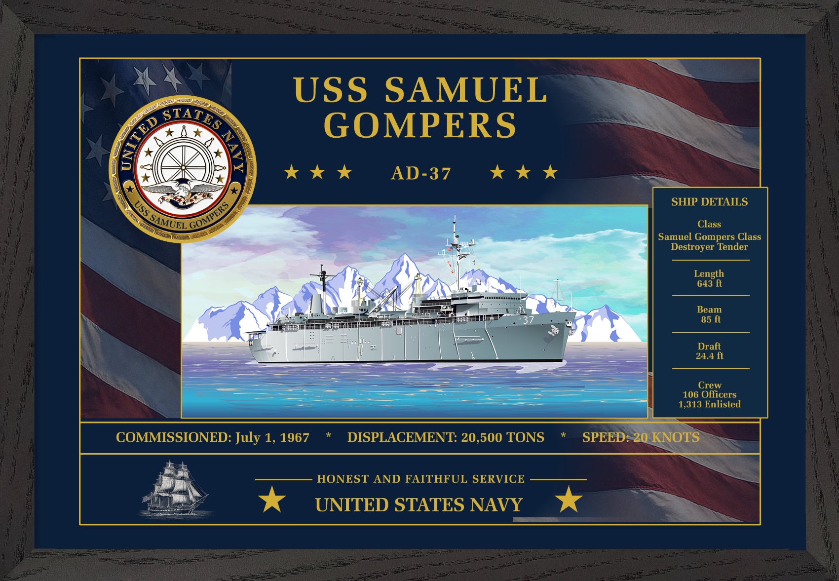 USS Samuel Gompers AD-37 Framed Patriotic Art